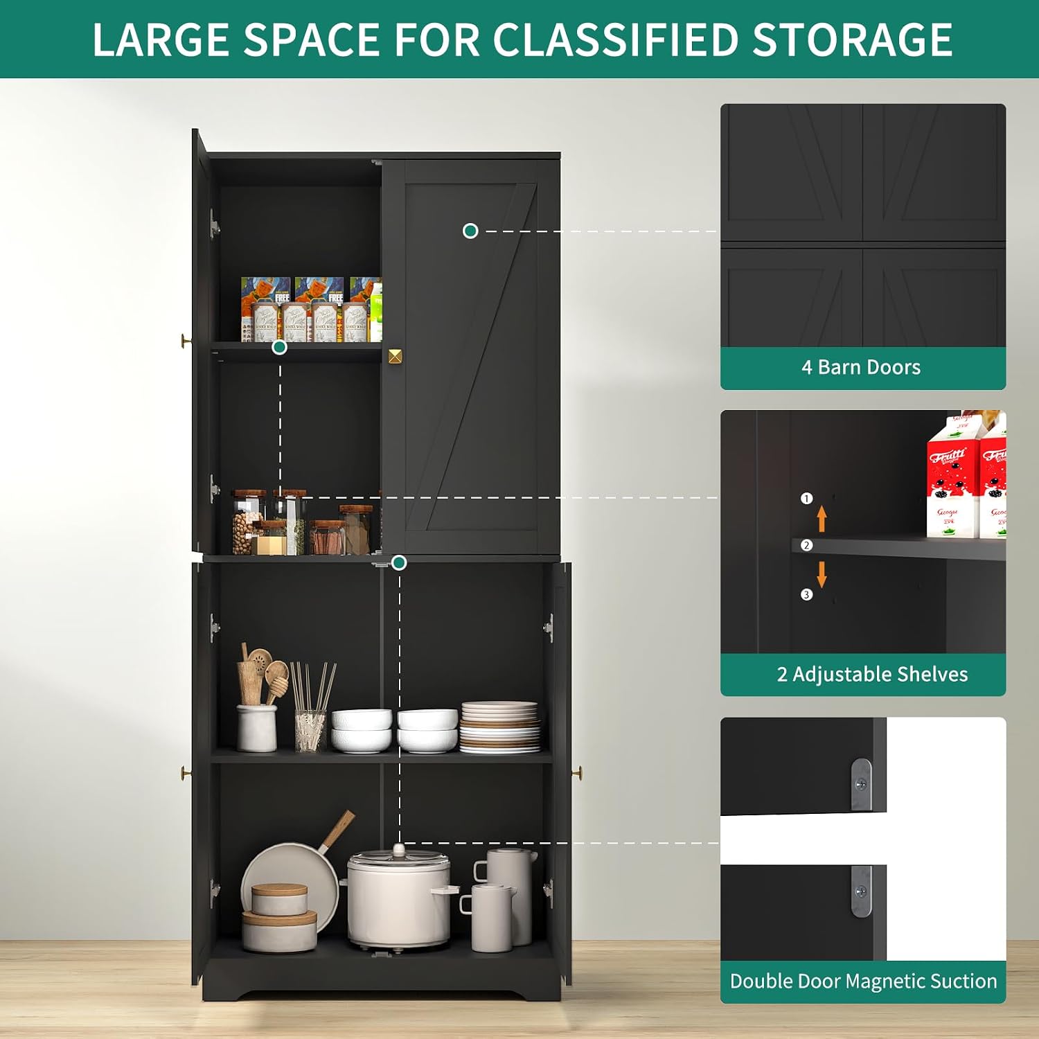 Kitchen Pantry Cabinet, 72' Tall Farmhouse Storage Cabinet with 4 Barn Doors and Adjustable Shelves, Pantry Storage for Kitchen, Living Room, Black