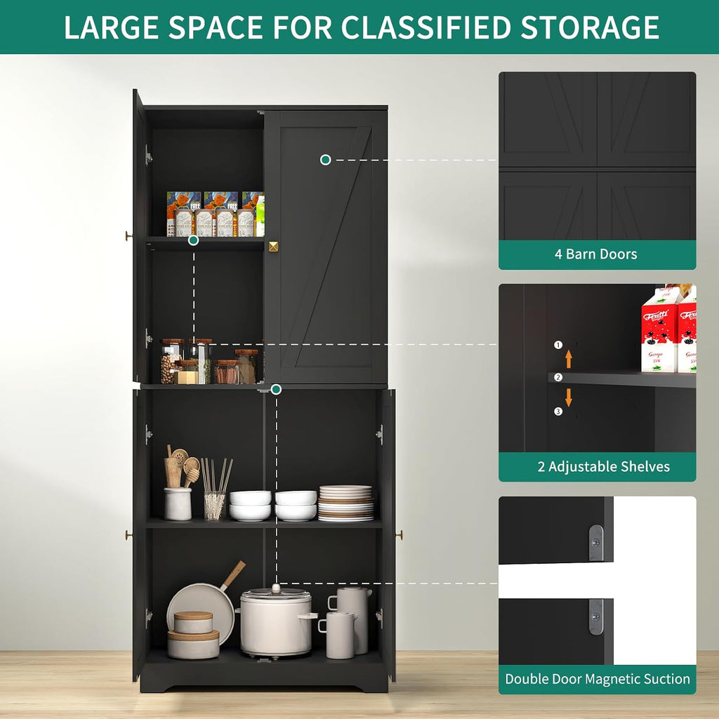 Kitchen Pantry Cabinet Set of 3, 72' Tall Farmhouse Storage Cabinet with 4 Barn Doors and Adjustable Shelves, Pantry Cabinet Versatile Storage for Kitchen, Living Room, Black