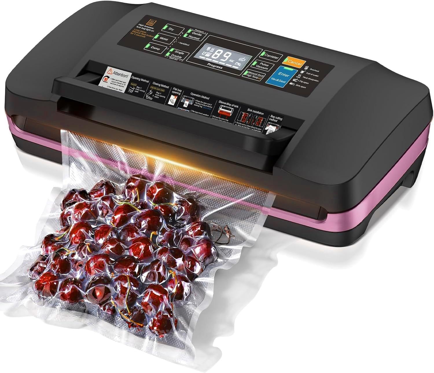 95kpa Vacuum Sealer Machine,Commercial Full Automatic Food Sealer,Powerful Sealing System with Double Heat Seal,Bags Storage, Easy-Lock Handle,Build-in Cutter,1 Bag Rolls and 10 pcs Pre-cut Bags(Pink)