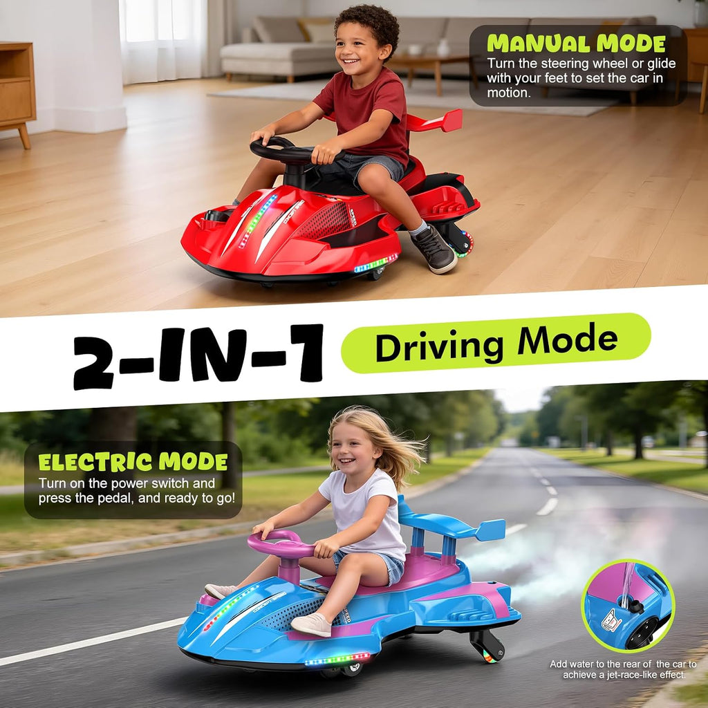 12V Electric Wiggle Car Ultra with Pedals, Rechargeable Swing & Drift Car, Anti-Rollover Design with Backrest, Spray, Flashing Lights, Music & Bluetooth, for Ages 3 and Up, 150 lbs(Red + Purple)
