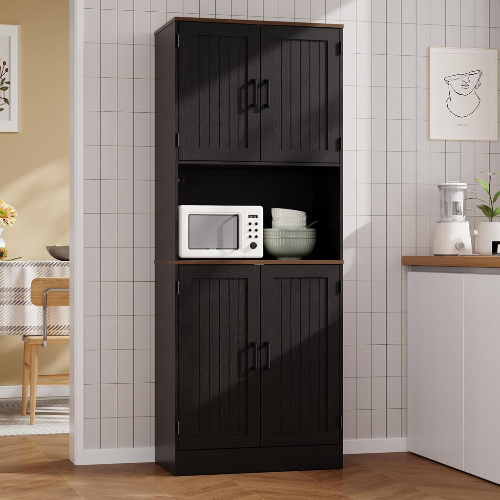 MHOM 71' Tall Pantry Cabinet with Charging Station, Farmhouse Kitchen Hutch with Adjustable Shelves, Modern Kitchen Pantry Storage Cabinet for Dinning Room & Living Room, Antique Black