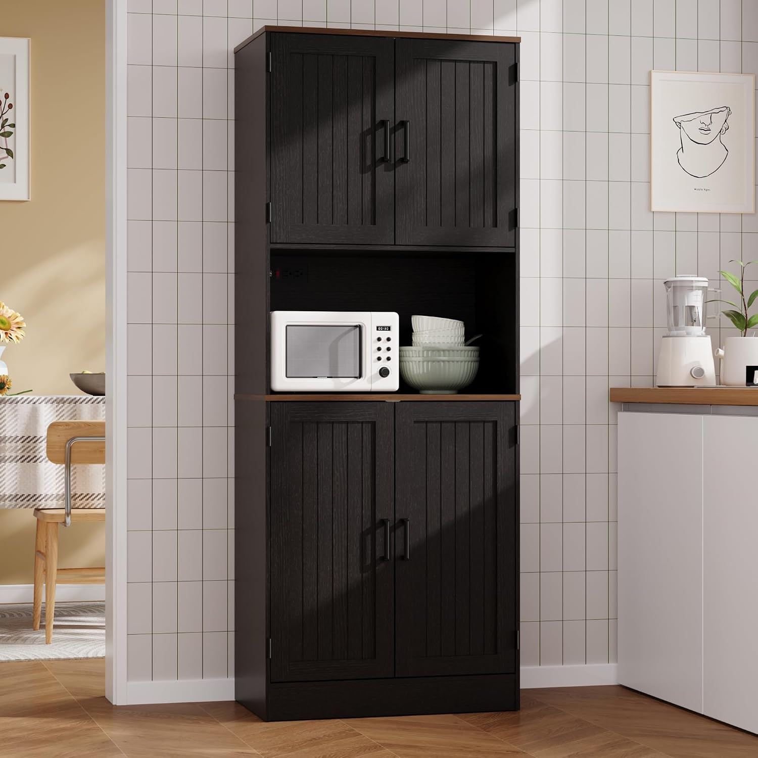 MHOM 71' Tall Pantry Cabinet with Charging Station, Farmhouse Kitchen Hutch with Adjustable Shelves, Modern Kitchen Pantry Storage Cabinet for Dinning Room & Living Room, Antique Black