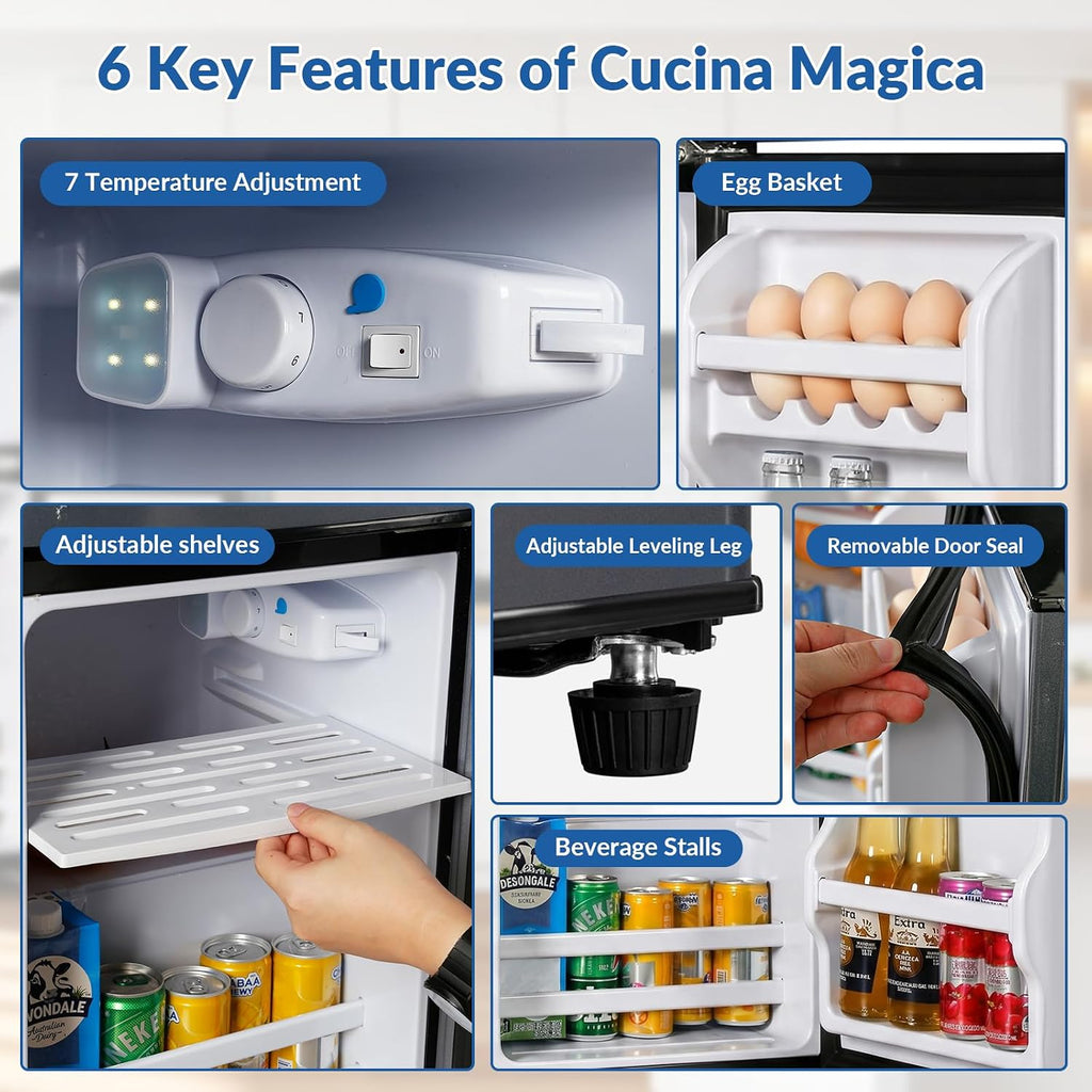 Cucina Magica 2.9 Cu.Ft Compact Double Door Mini Fridge - Top Freezer & Bottom Refrigerator | Energy Save,7-Level Precision Cooling | Ideal for Dorm, Bedroom, Office & Small Spaces