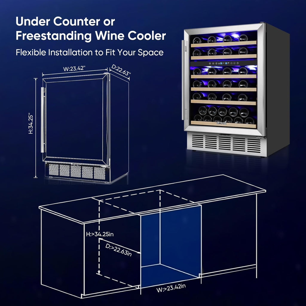 ORYMUSE 24 Inch Wine Cooler Refrigerator, 46 Bottle Dual Zone Wine Fridge with Stainless Steel Glass Door, Adjustable Shelves, Upgraded Compressor, Built-In Freestanding for Home, Bar, Kitchen