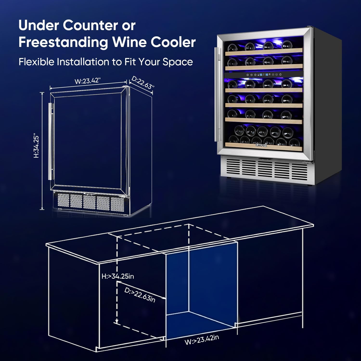 ORYMUSE 24 Inch Wine Cooler Refrigerator, 46 Bottle Dual Zone Wine Fridge with Stainless Steel Glass Door, Adjustable Shelves, Upgraded Compressor, Built-In Freestanding for Home, Bar, Kitchen