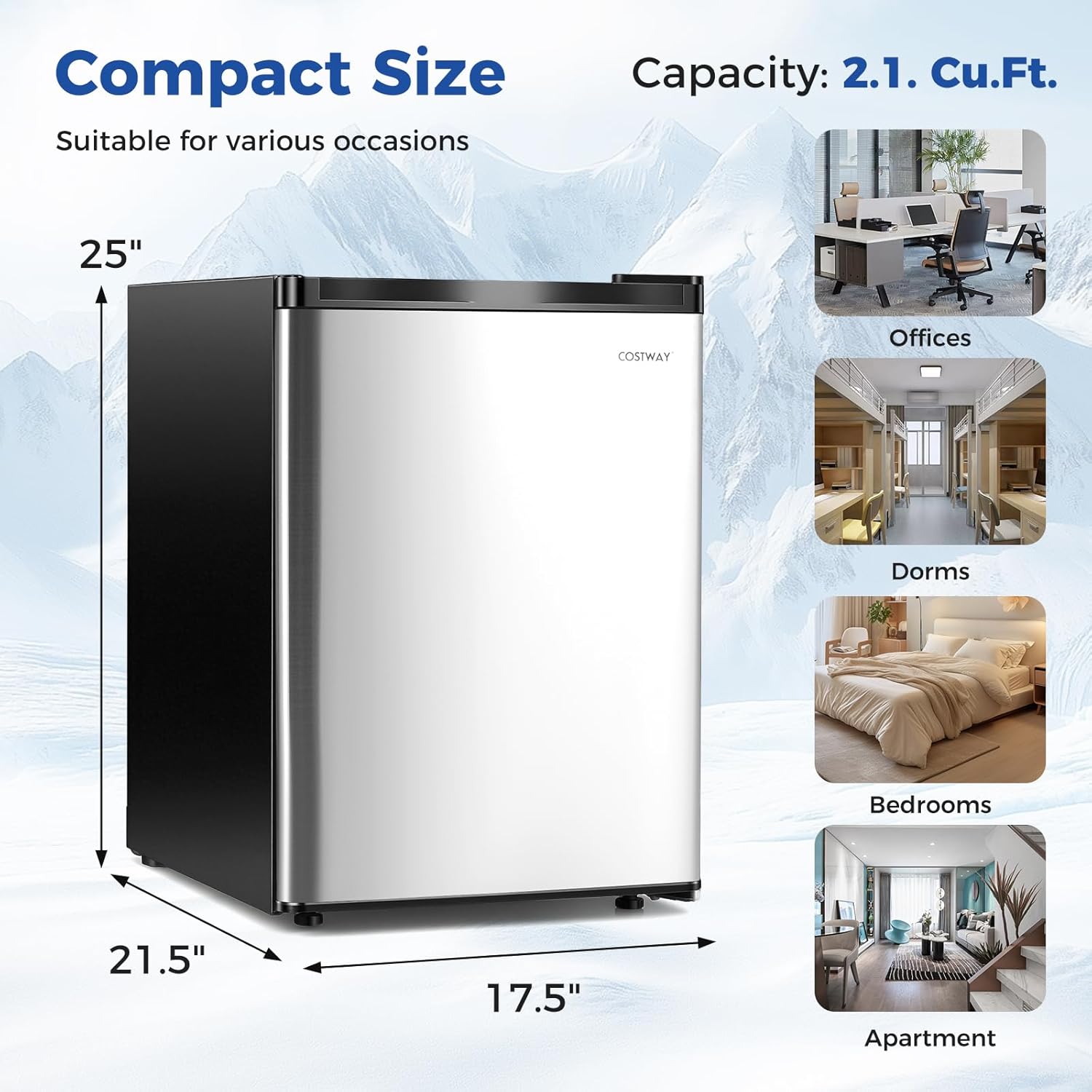 COSTWAY 2.1 Cu.Ft Small Freezer, Compact Upright Mini Freezer w/Reversible Single Door, 7 Adjustable Thermostat, Low Noise, 2 Removable Shelves for Bedroom, Office, Dorm, Apartment (Silver)