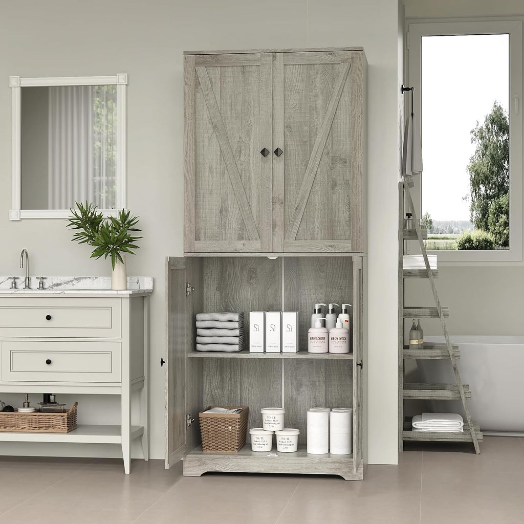 Kitchen Pantry Cabinet Set of 3, 72' Tall Farmhouse Storage Cabinet with 4 Barn Doors and Adjustable Shelves, Versatile Storage for Kitchen, Living Room, Grey