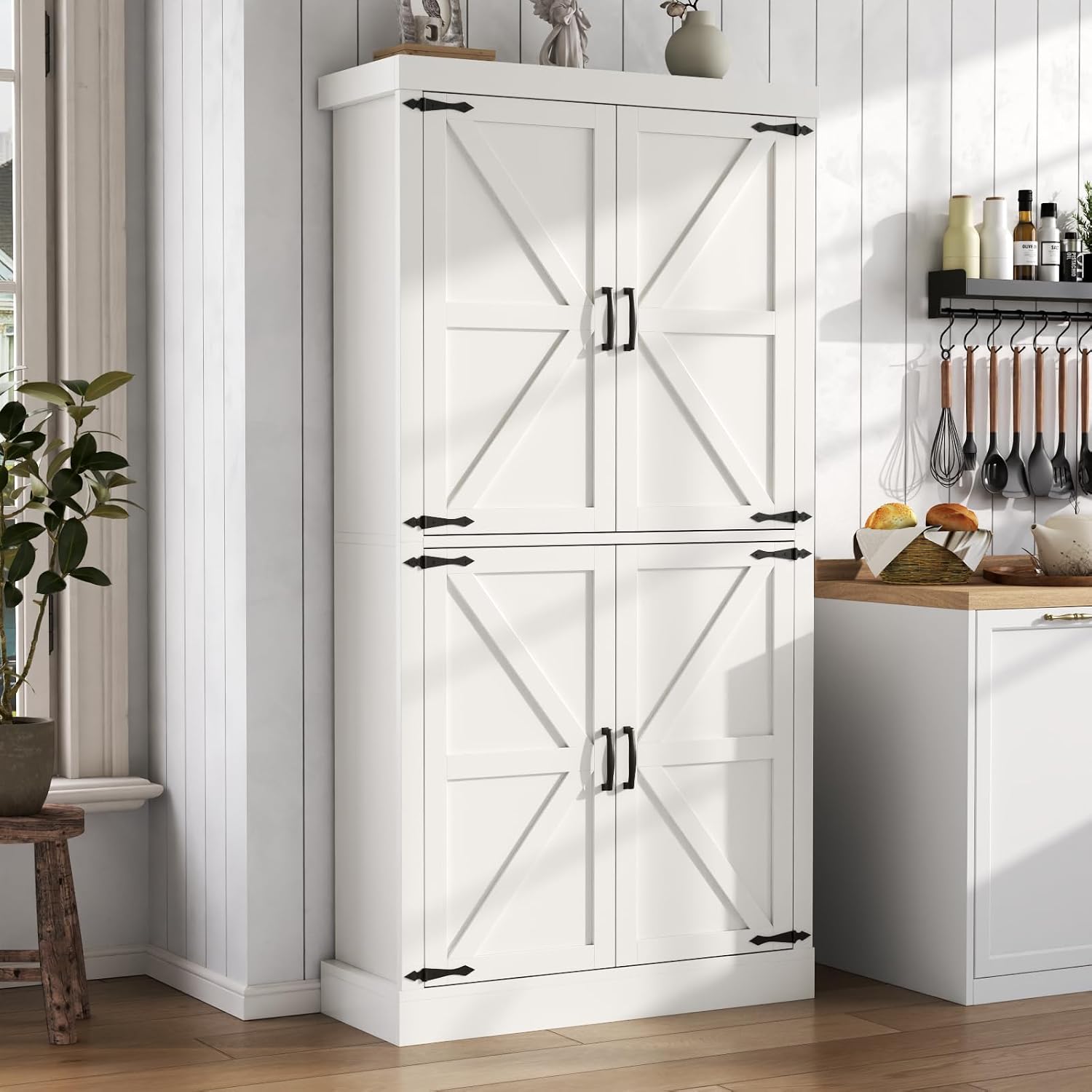 Farmhouse Kitchen Pantry Cabinet,69.1' Tall Kitchen Storage Cabinet with Adjustable Shelves,Modern Bathroom Storage Cabinets,Freestanding Floor Cabinets Cupboard for Living Room,Dining Room (White)