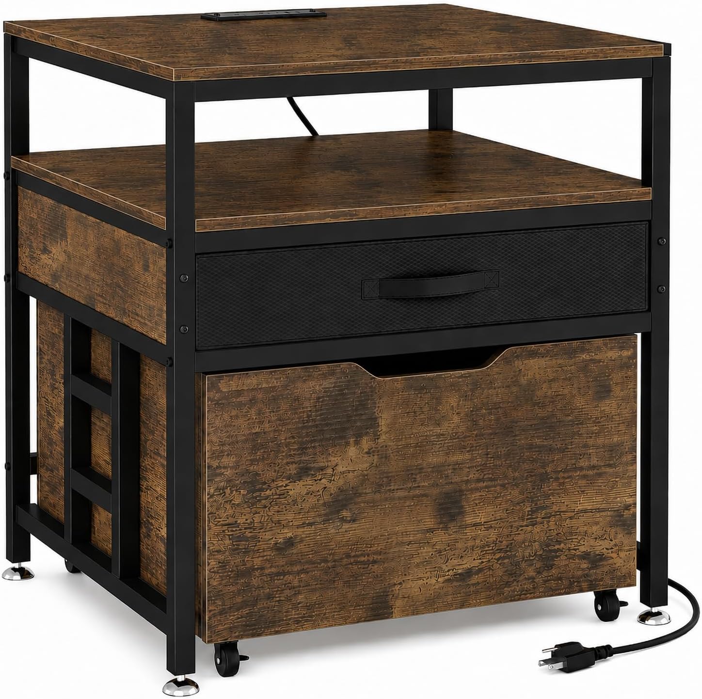 Mini Fridge Stand with Storage Drawer for Dorm Room, 220 lb Heavy Duty Refrigerator Stand with Power Outlet and Pull-Out Basket, Small Fridge Table for Apartment, office, Kitchen, Retro Brown