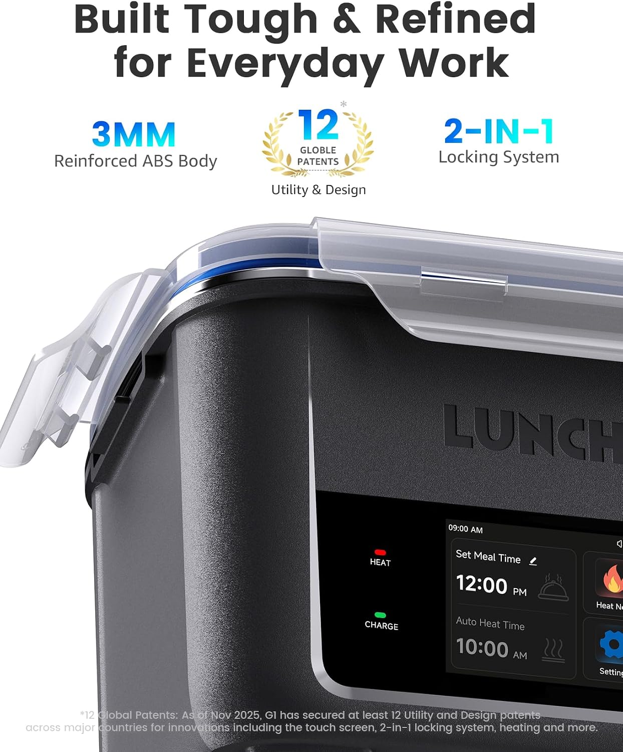 LUNCHGO® G1-Long Range(103 Wh), Smart Electric Heated Lunch Box Food Warmer – Cordless, 5 Cups, Battery Powered, 250°F Max, Scheduled Heating, Perfect for Outdoor Work, On-The-Go Meals (Carbon Black)