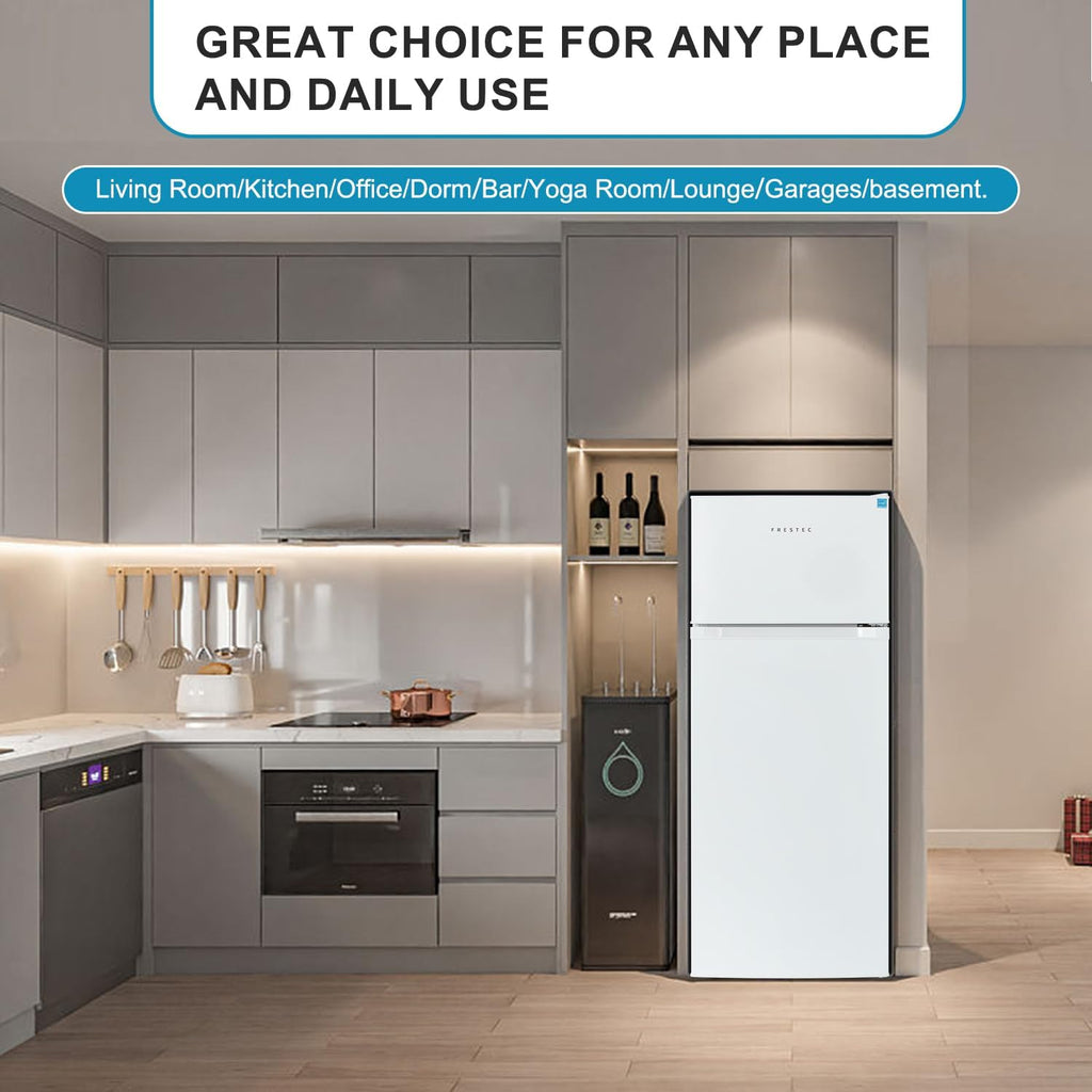 7.4 CU' Refrigerator with Freezer, Apartment Size Refrigerator Top Freezer, 2 Door Fridge with Adjustable Thermostat Control, Freestanding, Door Swing, White (FR 742 WH)