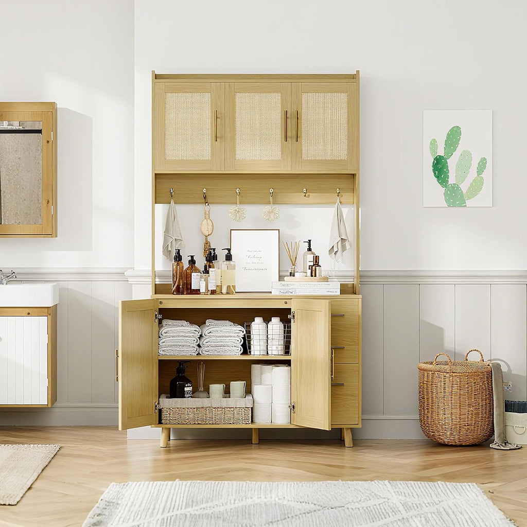 71' Tall Kitchen Pantry Cabinet with Storage, Freestanding Hutch Sideboard Buffet Cabinet with Rattan Door, 3 Drawers, 6 Hooks, Adjustable Shelves, Microwave Stand Countertop for Living Room