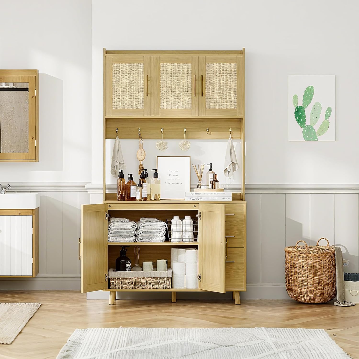 71' Tall Kitchen Pantry Cabinet with Storage, Freestanding Hutch Sideboard Buffet Cabinet with Rattan Door, 3 Drawers, 6 Hooks, Adjustable Shelves, Microwave Stand Countertop for Living Room