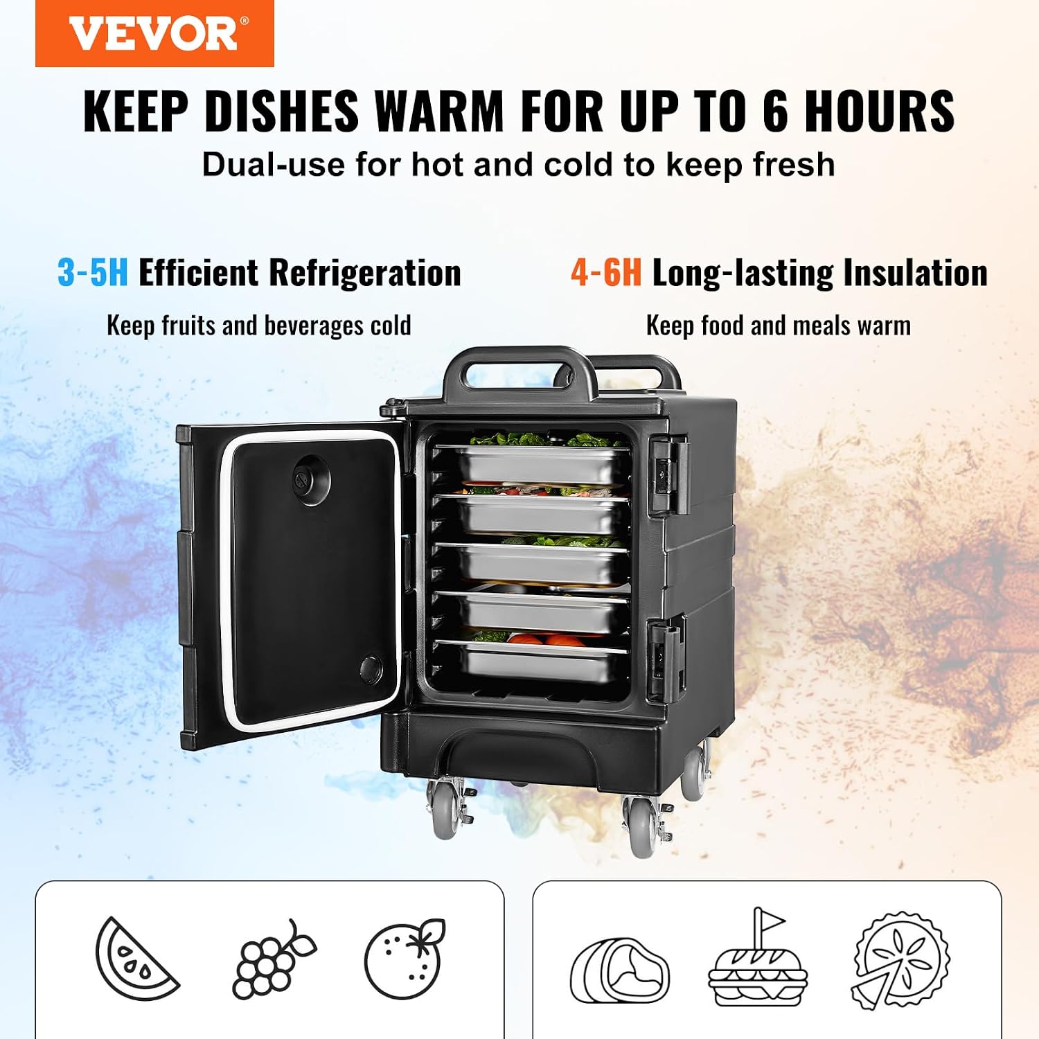 VEVOR Insulated Food Pan Carrier, 81 Qt Hot Box for Catering, Food Box Carrier with Double Buckles, Front Loading Food Warmer with Handles, Stackable End Loader with Wheels for Restaurant, Canteen