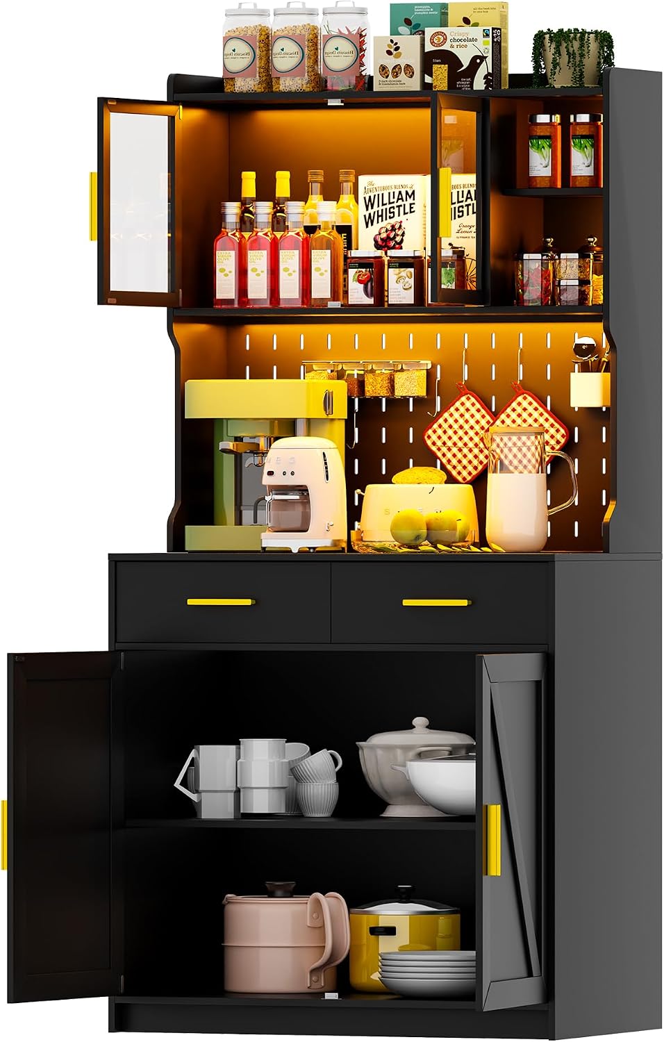 LED Kitchen Pantry Cabinet with Outlets, Farmhouse Storage Cabinet with Drawers & Adjustable Shelves, 64' Tall Cupboard with Pegboard & Hooks for Dining Room, Living Room