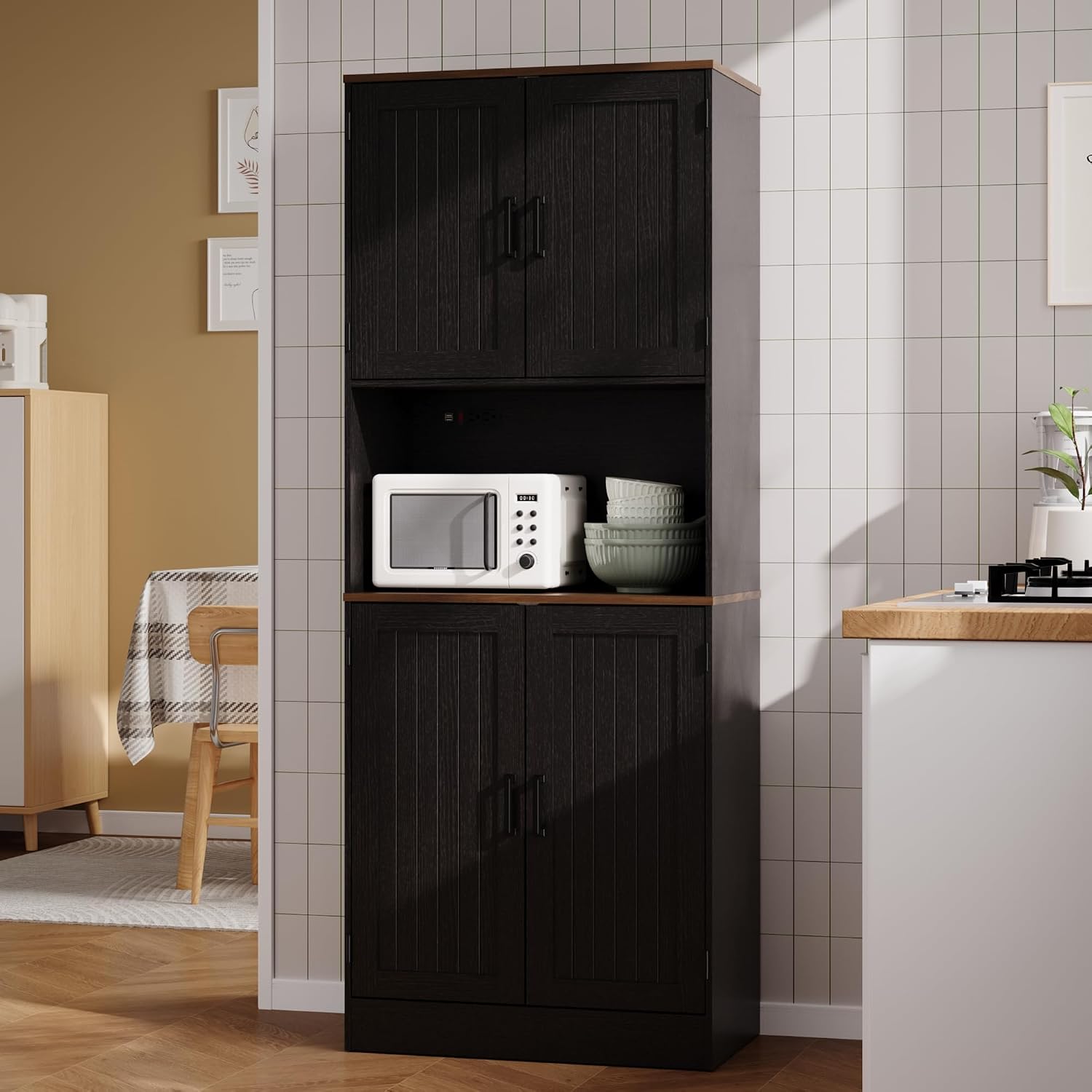 MHOM 71' Tall Pantry Cabinet with Charging Station, Farmhouse Kitchen Hutch with Adjustable Shelves, Modern Kitchen Pantry Storage Cabinet for Dinning Room & Living Room, Antique Black