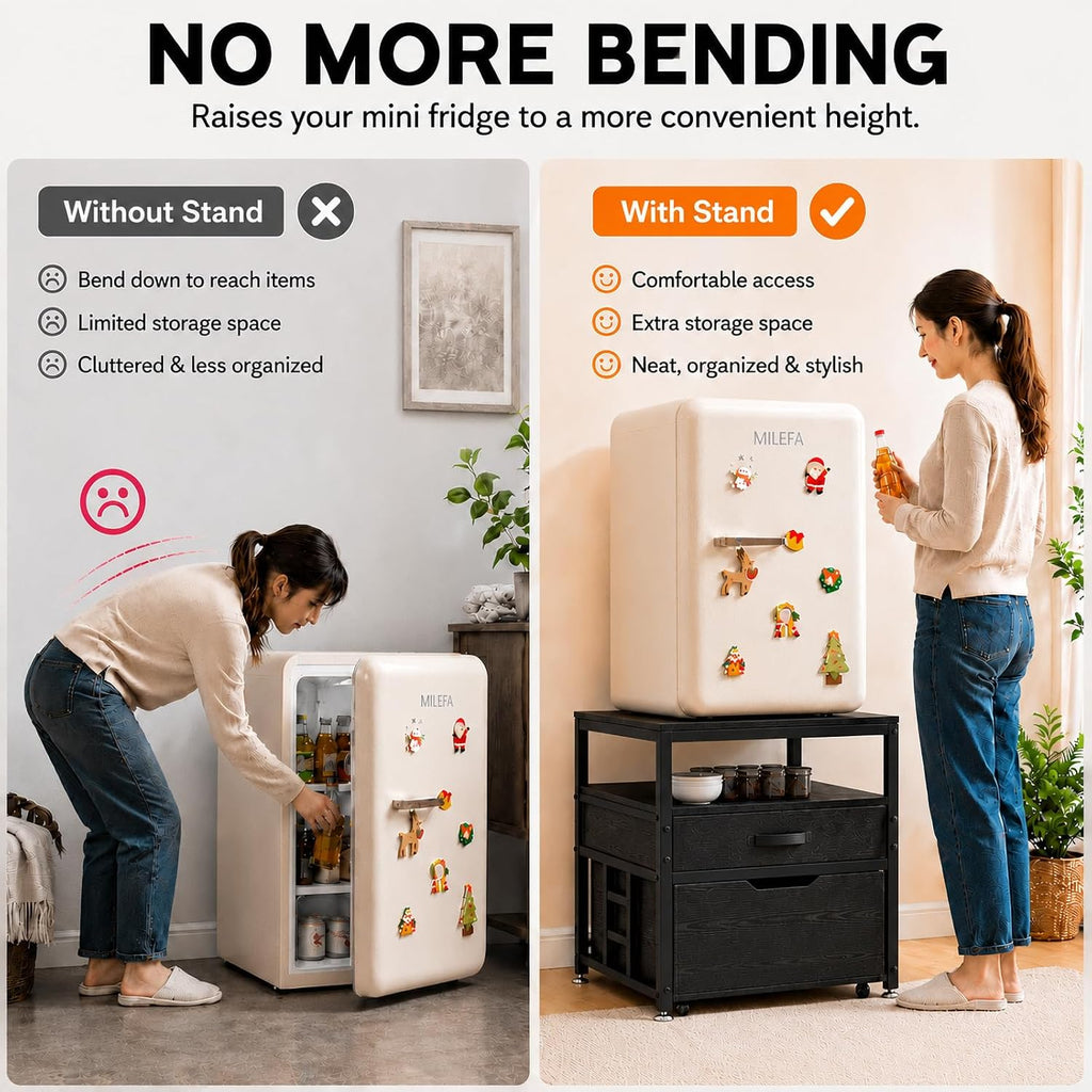 Mini Fridge Stand with Storage Drawer for Dorm Room, 220 lb Heavy Duty Refrigerator Stand with Power Outlet and Pull-Out Basket, Small Fridge Table for Apartment, office, Kitchen, Black