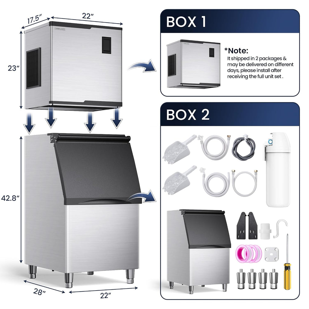 Coolake Commercial Ice Maker Machine 550lbs/24H with 360lbs Storage, 22' Air Cooled Stainless Steel Industrial Ice Machine, Filter Reduce Water Scale up to 99% for Restaurant Hotel, DOE ETL Listed