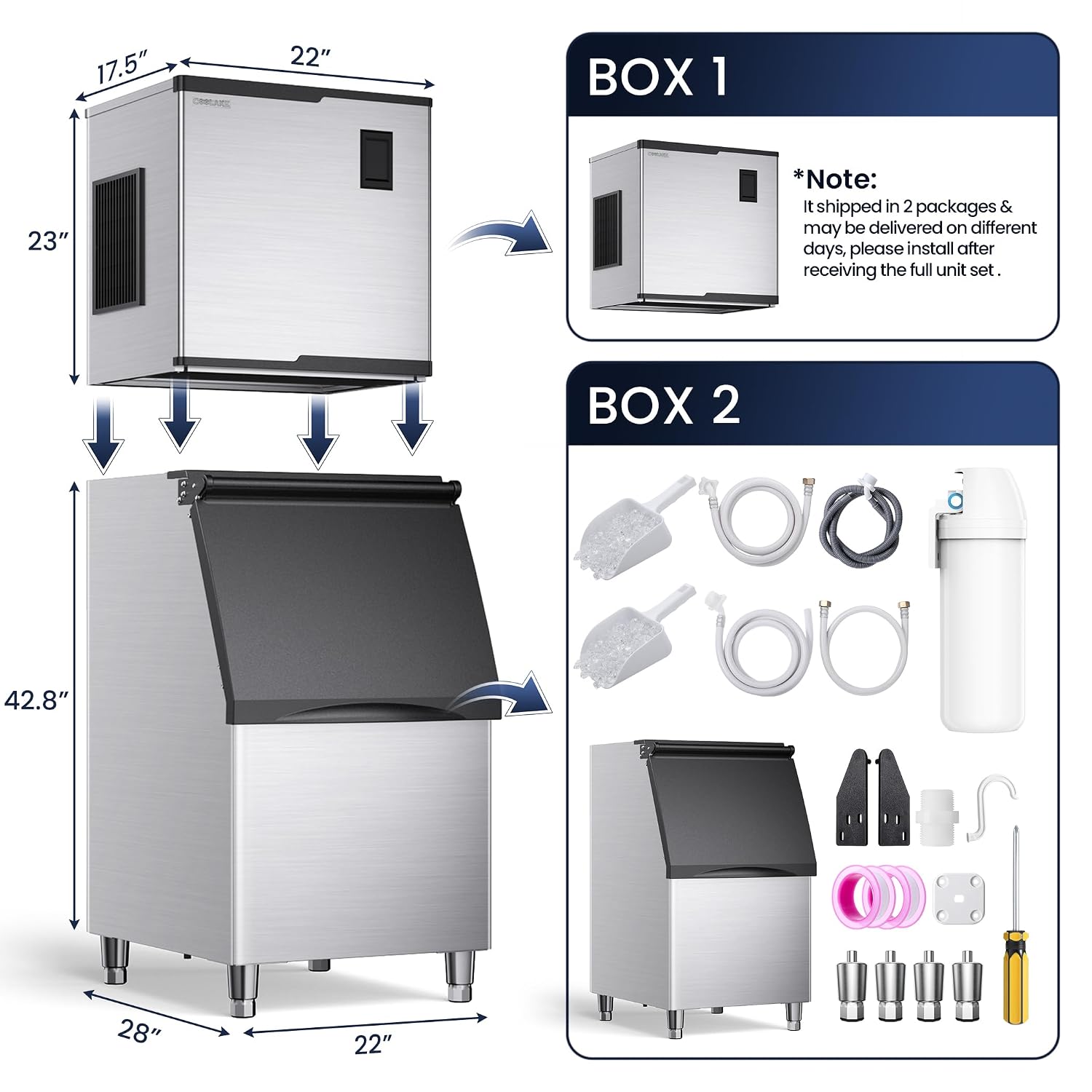 Coolake Commercial Ice Maker Machine 550lbs/24H with 360lbs Storage, 22' Air Cooled Stainless Steel Industrial Ice Machine, Filter Reduce Water Scale up to 99% for Restaurant Hotel, DOE ETL Listed
