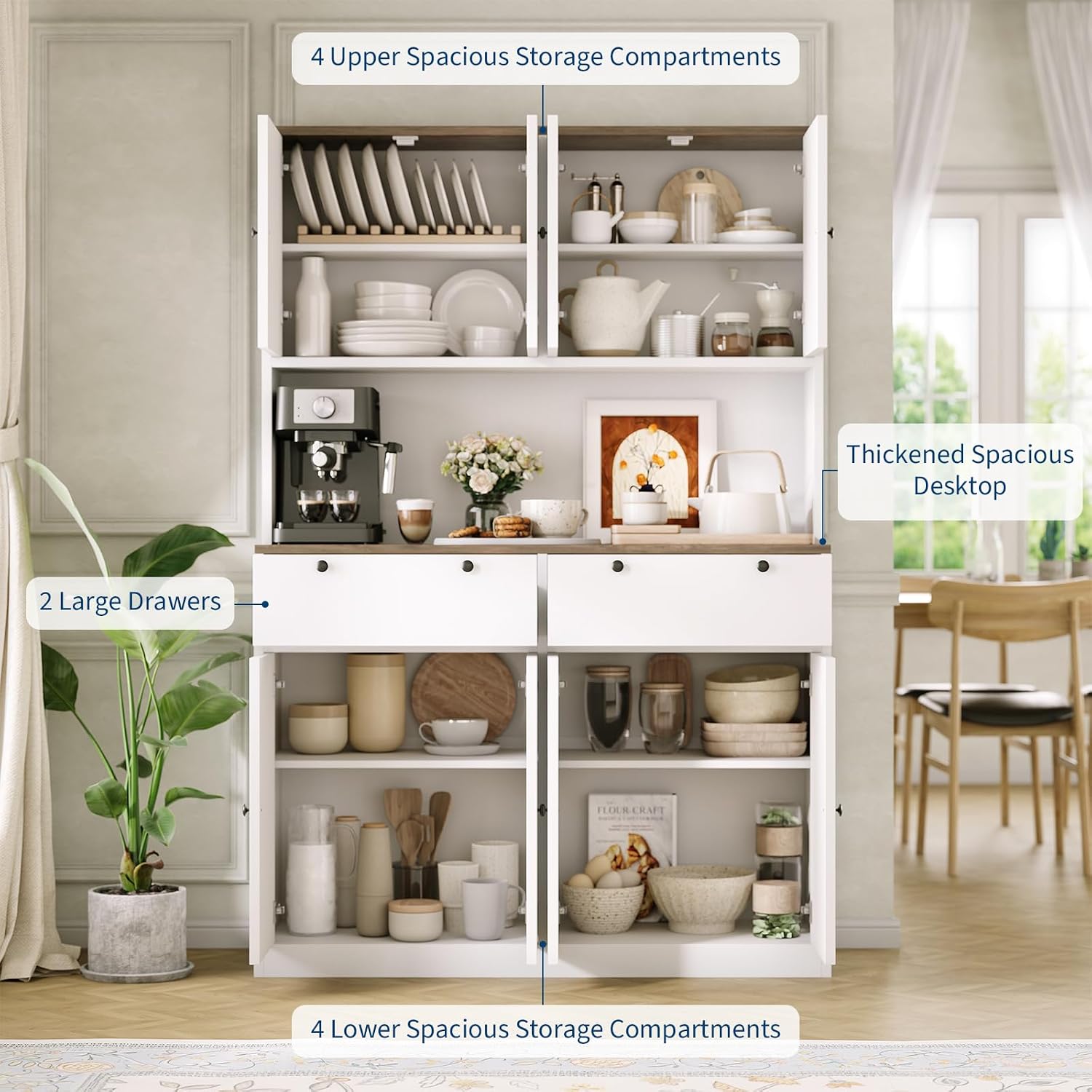 Garvee 71' Tall Kitchen Pantry Storage Cabinet with Charging Station, Food Hutch with Drawers, Doors, Shelves, and Countertop for Dining Room