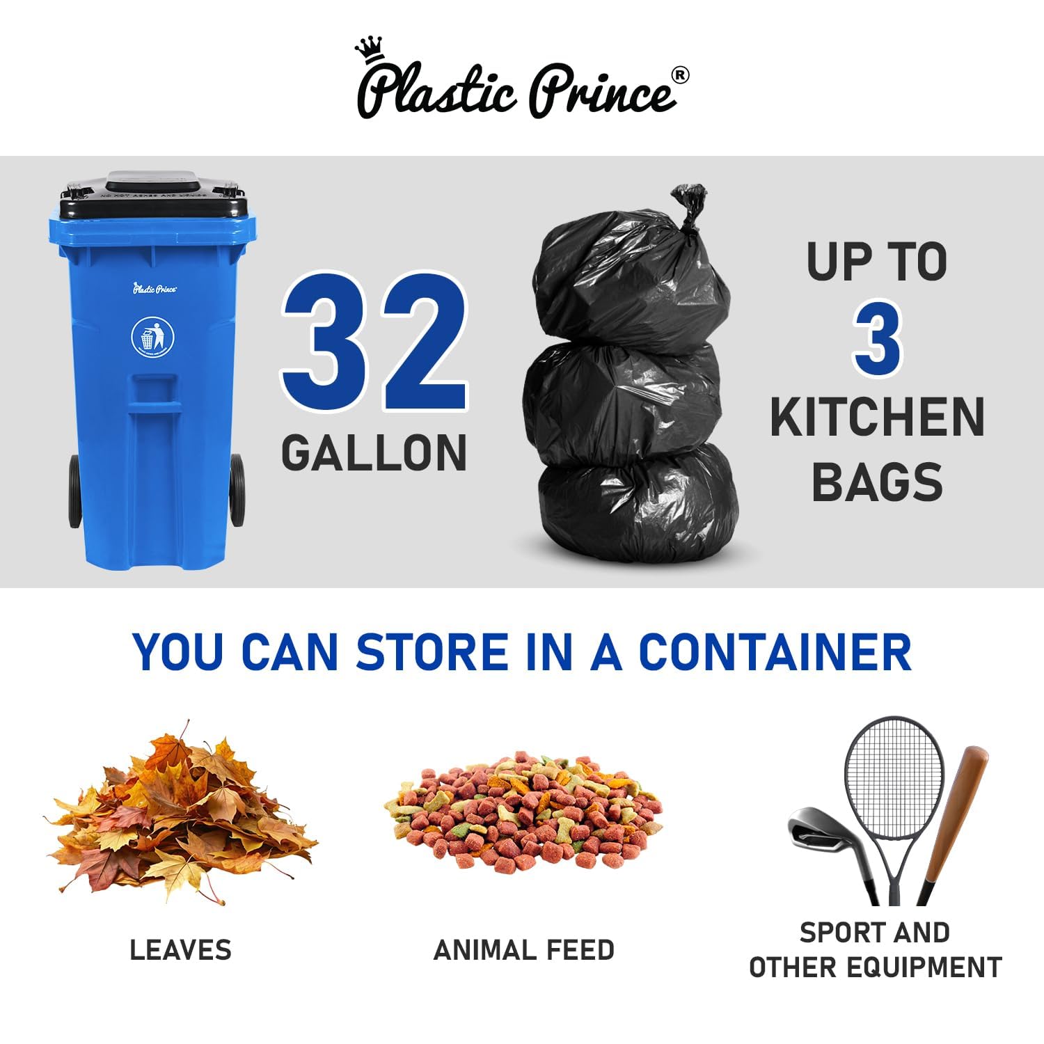 PLASTIC PRINCE 32 Gallon Trash Can with Wheels Outdoor Recycling Bin with Lid and Wheels Heavy Duty Rolling Garbage Can Commercial Wheeled Garbage Can for Home Garage Office, Set of Blue and Gray