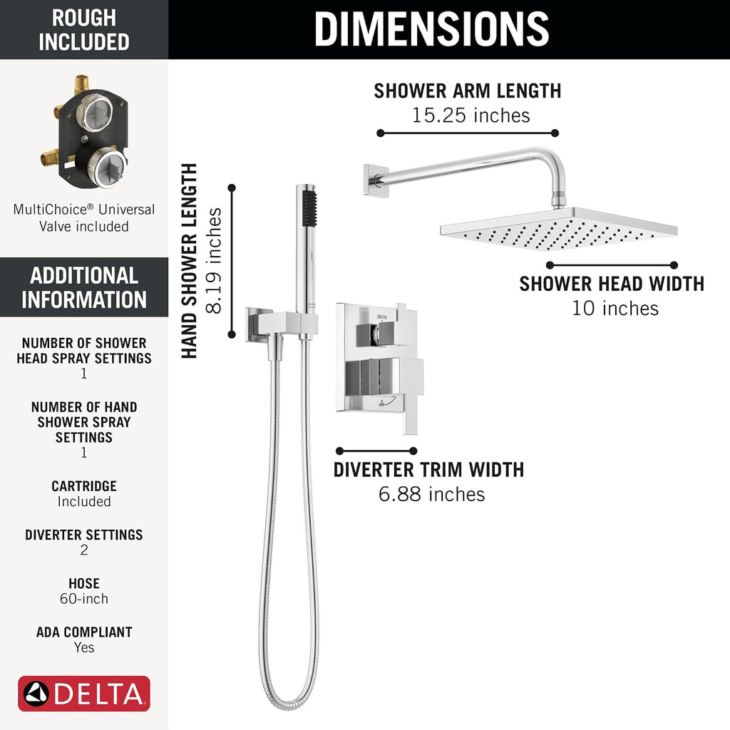 Delta Modern 14 Series Square Rain Shower System Faucet Set, Rainfall Chrome Shower Head and Handle Set, Valve Trim Kit, 10 Inch, Chrome 342701