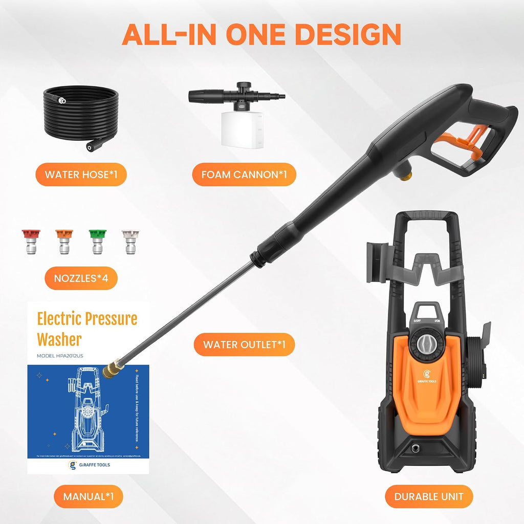 Giraffe Tools Pressure Washer, Max 2400 PSI, 2.3 GPM Electric Power Washer with 4 Quick-Connect Nozzles, Foam Cannon for Cars/Patios/Driveways/Fences, 20 ft
