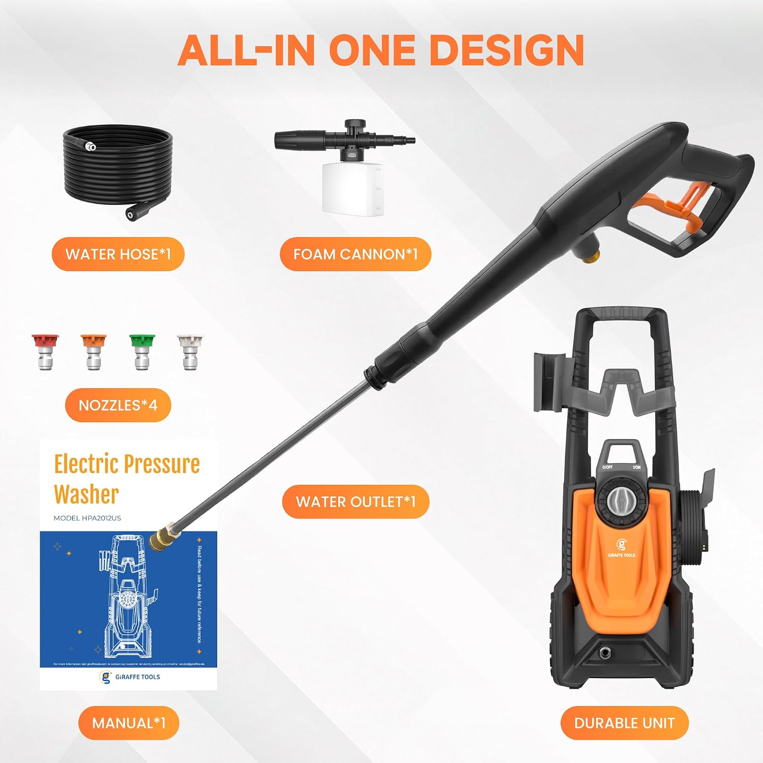 Giraffe Tools Pressure Washer, Max 2400 PSI, 2.3 GPM Electric Power Washer with 4 Quick-Connect Nozzles, Foam Cannon for Cars/Patios/Driveways/Fences, 20 ft
