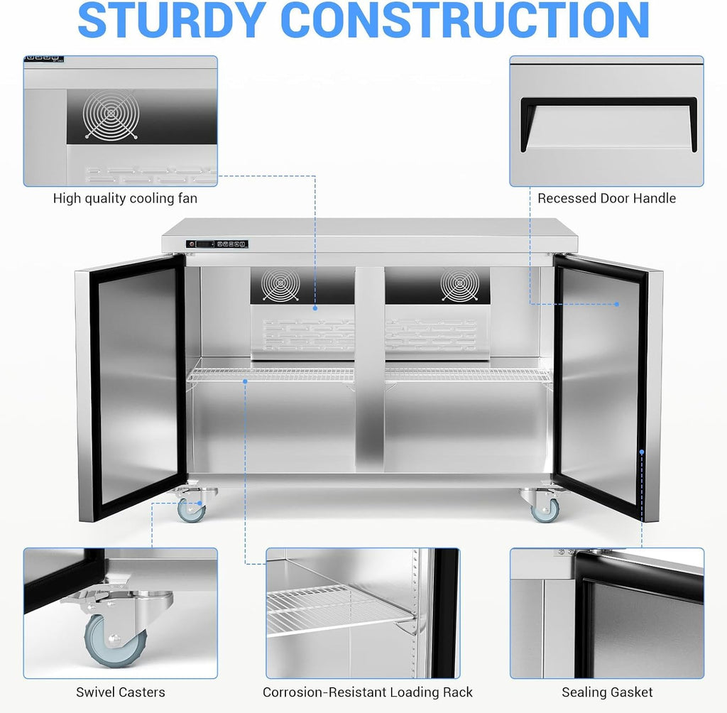 GarveeLife Commercial 48' Double Door Sandwich & Salad Prep Refrigerator – Stainless Steel Undercounter Worktop with Digital Thermostat, Lockable Cold Storage, Heavy-Duty for Restaurant, Bar, Buffet
