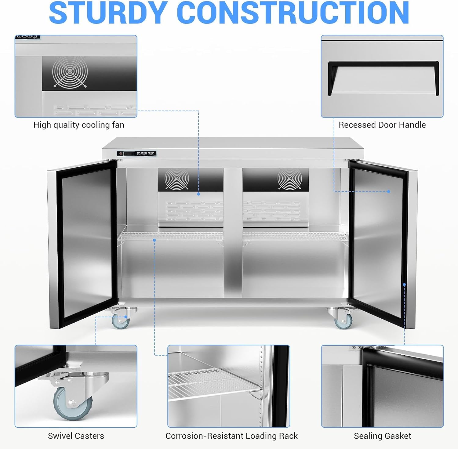 GarveeLife Commercial 48' Double Door Sandwich & Salad Prep Refrigerator – Stainless Steel Undercounter Worktop with Digital Thermostat, Lockable Cold Storage, Heavy-Duty for Restaurant, Bar, Buffet