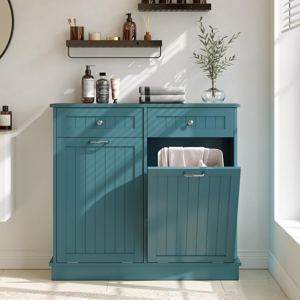 KIGOTY Double Tilt Out Trash Can Cabinet, 20 Gallon Hidden Trash Storage Cabinet with 2 Hideaway Drawers, Freestanding Trash Can for Kitchen, Wooden Laundry Hamper Cabinet, Pet Proof (Lake Blue)