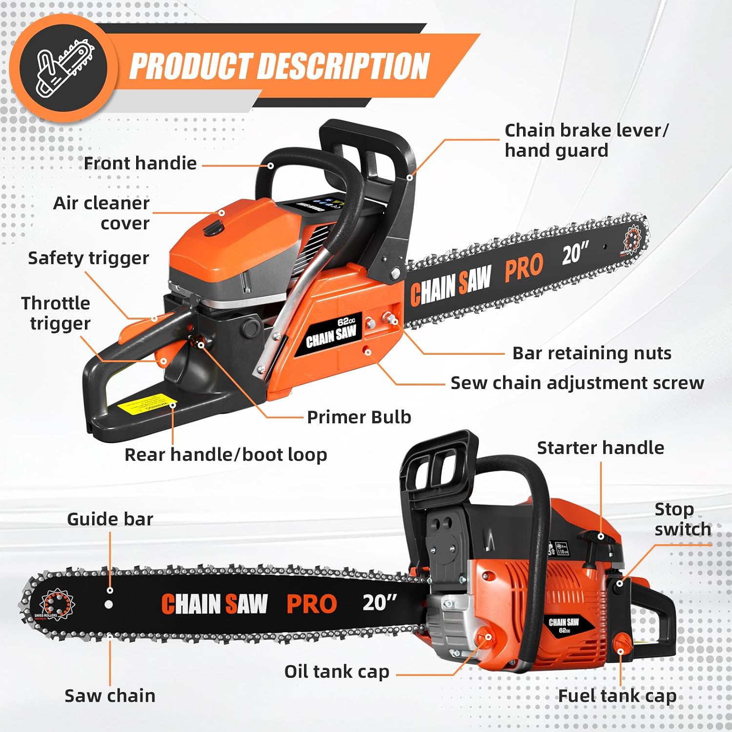 62CC Gas Chainsaw, Professional Chainsaw with 2-Stroke Engine, 20inch & 24inch Chain Saw Bar, Ergonomic Non-Slip Handle & Dual Fuel Tanks for Tree Wood Cutting