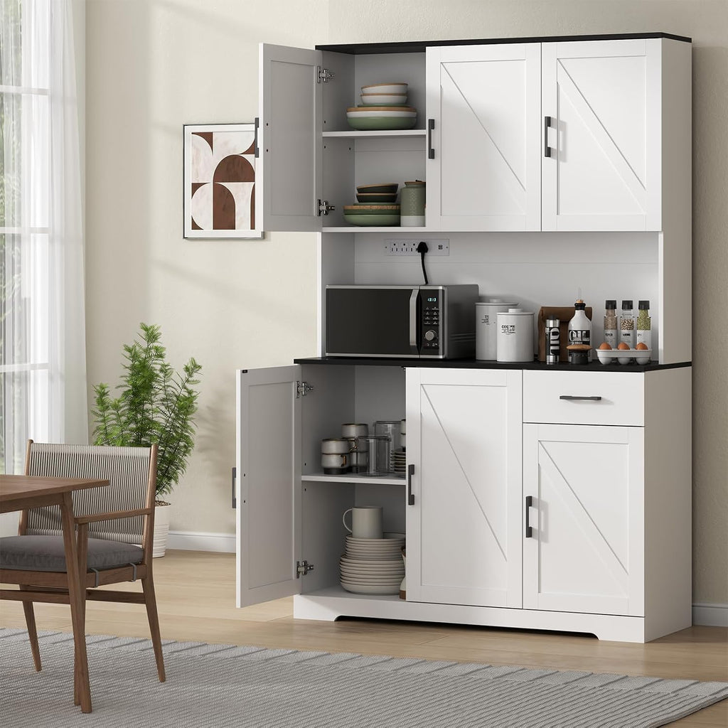 71' Tall Kitchen Pantry Storage Cabinet with Charging Station,Farmhouse Buffet Cabinet with Microwave Shelf,Large Kitchen Hutch Cabinet Doors & Drawer,Food Pantry for Dining Room,Living Room (White)