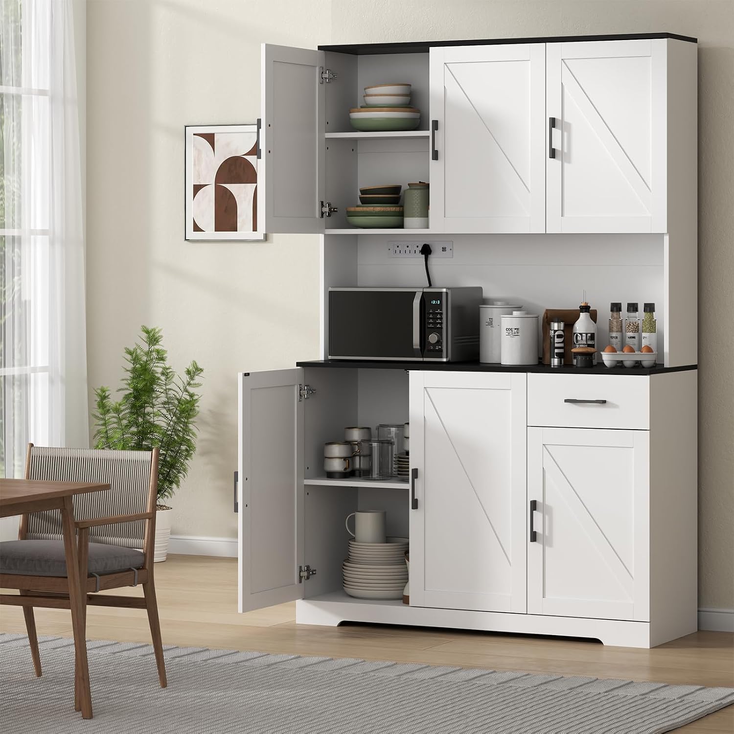 71' Tall Kitchen Pantry Storage Cabinet with Charging Station,Farmhouse Buffet Cabinet with Microwave Shelf,Large Kitchen Hutch Cabinet Doors & Drawer,Food Pantry for Dining Room,Living Room (White)