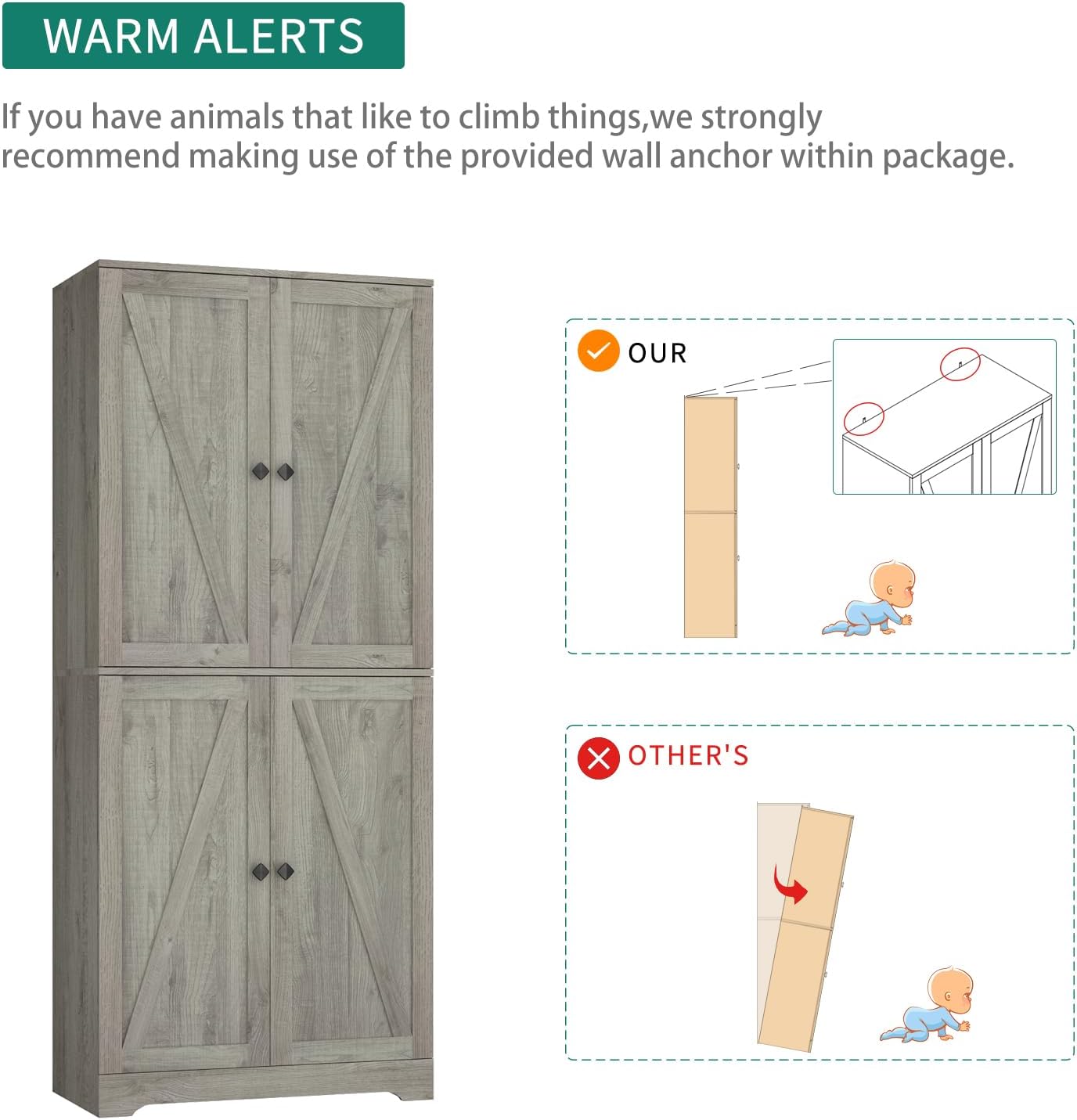 Kitchen Pantry Cabinet Set of 3, 72' Tall Farmhouse Storage Cabinet with 4 Barn Doors and Adjustable Shelves, Versatile Storage for Kitchen, Living Room, Grey