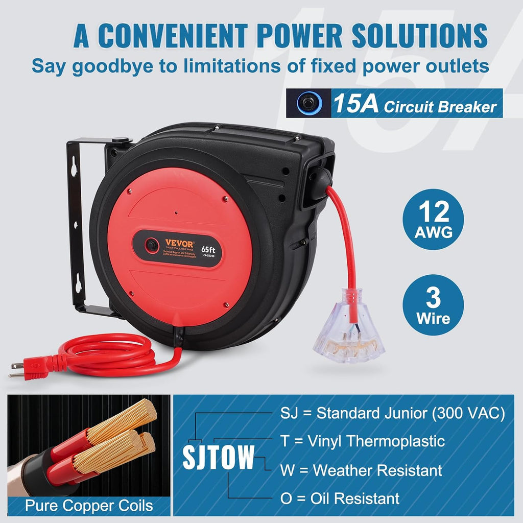 VEVOR Retractable Extension Cord Reel, 65 FT, Heavy Duty 12AWG/3C SJTOW Retractable Power Cord with Lighted Triple Tap Outlet, 15 Amp Circuit Breaker 180° Swivel Bracket for Ceiling or Wall Mount