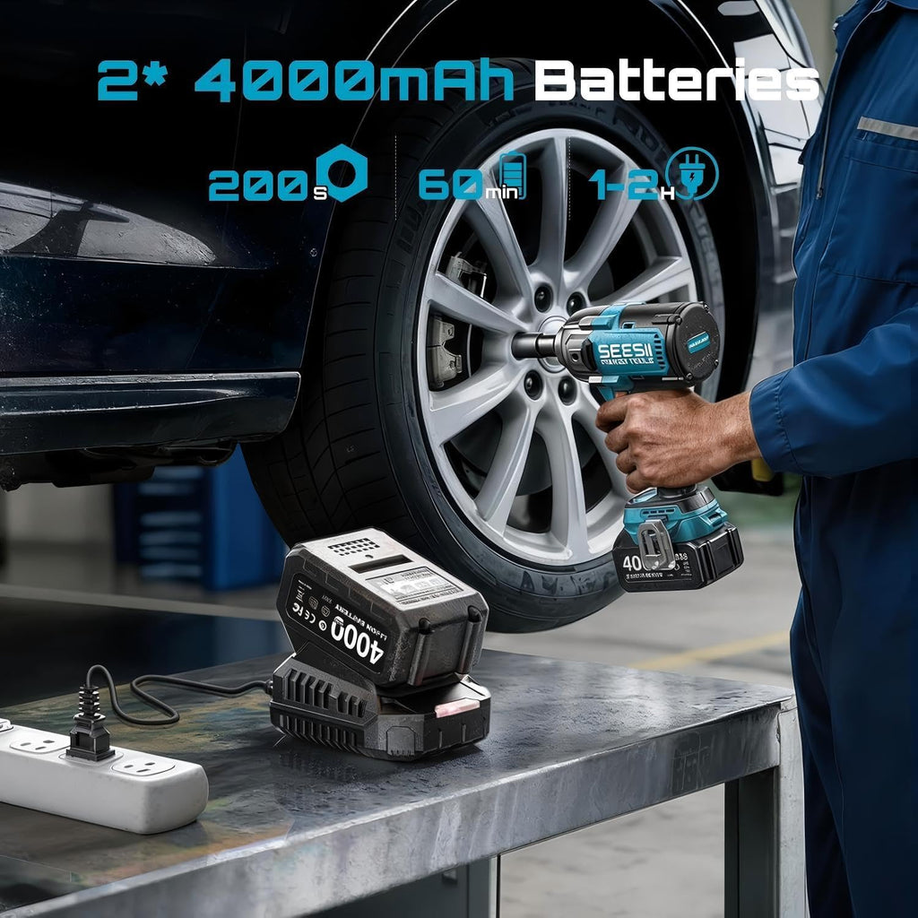 Seesii Upgraded Cordless Impact Wrench 885Ft-lbs (1200N·m): 1/2' Impact Gun with Detachable Side Handle, 21V High Torque Power Impact Driver 2x 4.0Ah Batteries for Family Car/Pickup Truck/Mower