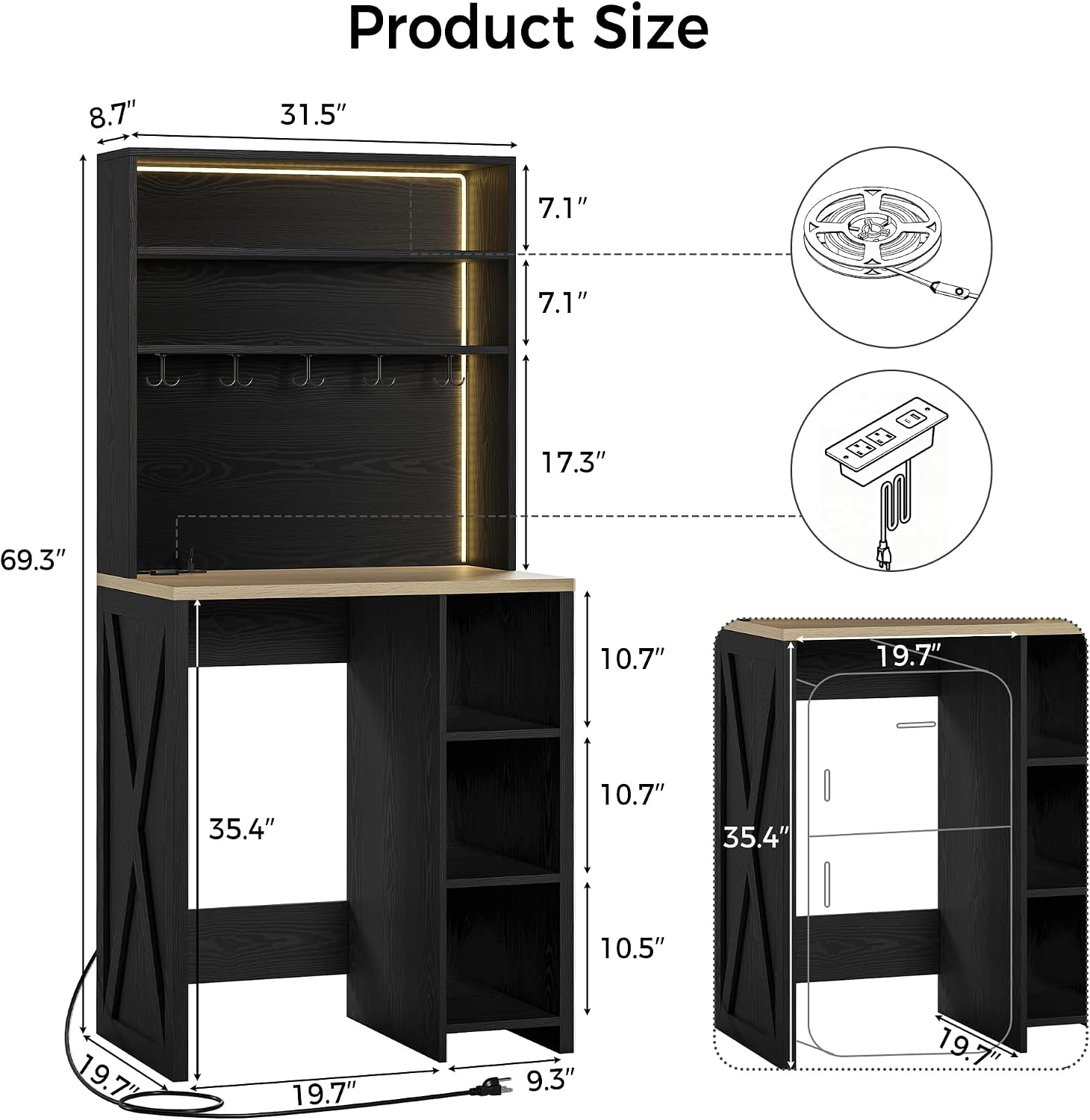 IRONCK Bakers Rack with Mini Fridge Space & Power Outlets, 69.3' Coffee Bar Station with LED Lights, 7-Tier Kitchen Microwave Stand with Hooks & Wooden Backboard, Space-Saving Utility Organizer, Black
