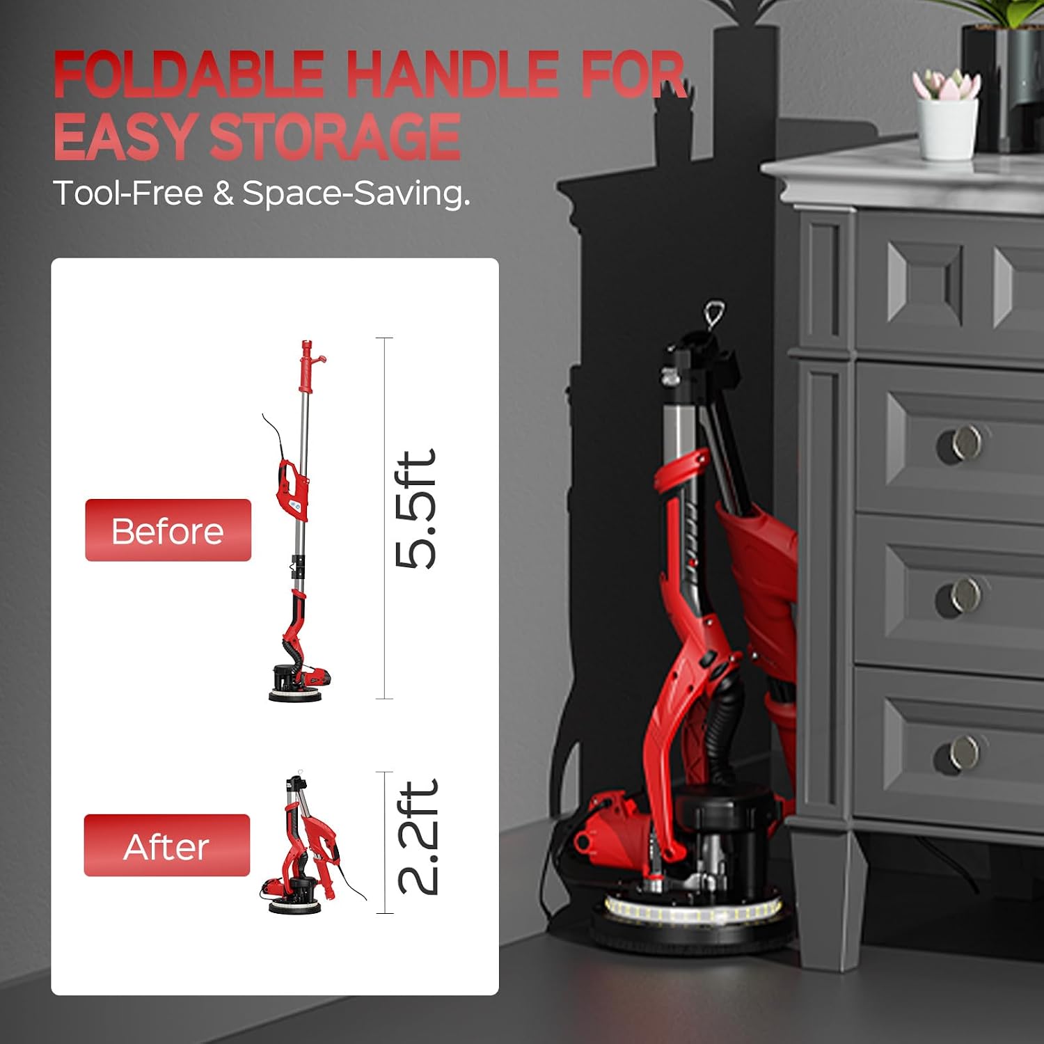 Drywall Sander, 2026 Upgraded 8-Amp Popcorn Ceiling Removal Tool with 7 Variable Speed 800-1800RPM, Drywall Sander with Vacuum Dust Collector with LED Light, Extendable Handle,12pcs Sanding Discs