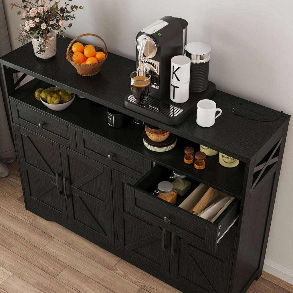 Befrases 52' L Modern Farmhouse Sideboard Buffet Cabinet, Black Storage Cabinet with Drawers & Shelves, Kitchen Pantry Hutch, Coffee Bar Station Table for Living Room, Dining Room, Entryway