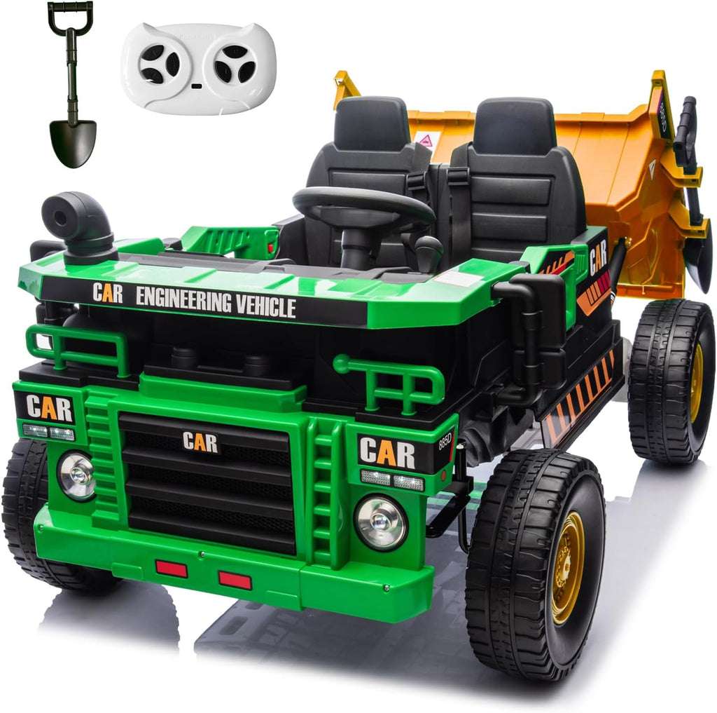 RunFast 12V 2 Seater Ride on Dump Truck for Kids,Electric Ride on Cars with Remote Control,2X35W Powerful Motors Up to 4Mph,Electric Dump Bed,Extra Shovel,Music Player(Green+Yellow,12V)