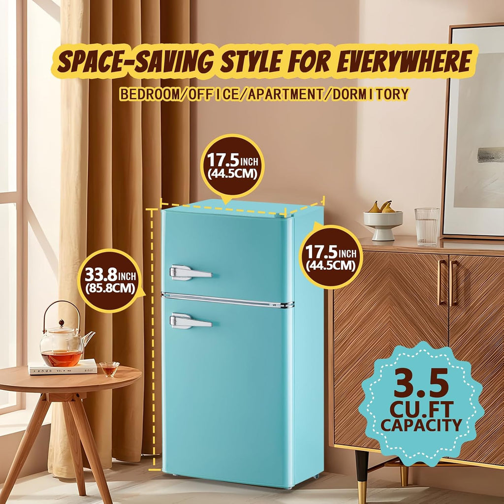 Small Fridge with Freezer Mini Refrigerator Double door Removable Glass Shelves 7 Temp Gear Detachable Handle Blue