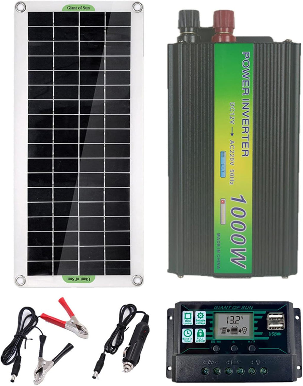 30W Monocrystalline Solar Panel Kit with 1000W Inverter, 100A Solar Charge Controller, Alligator Clip Wire, for Car, RV, Roof, Boat, Camping