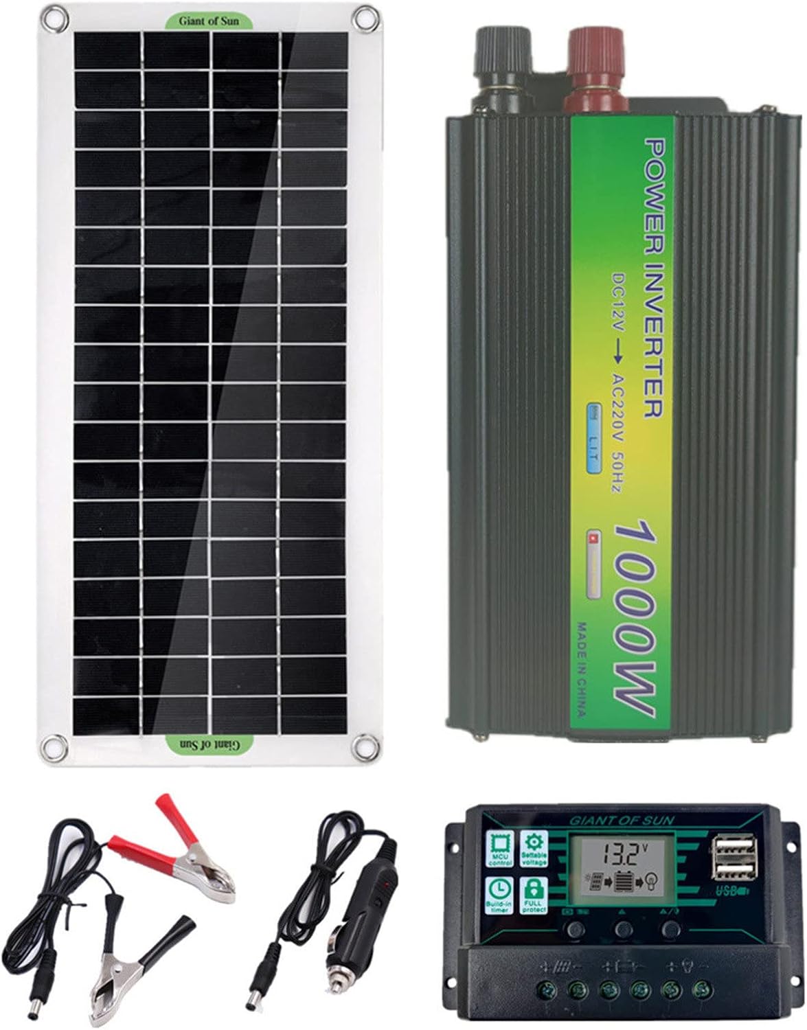 30W Monocrystalline Solar Panel Kit with 1000W Inverter, 100A Solar Charge Controller, Alligator Clip Wire, for Car, RV, Roof, Boat, Camping
