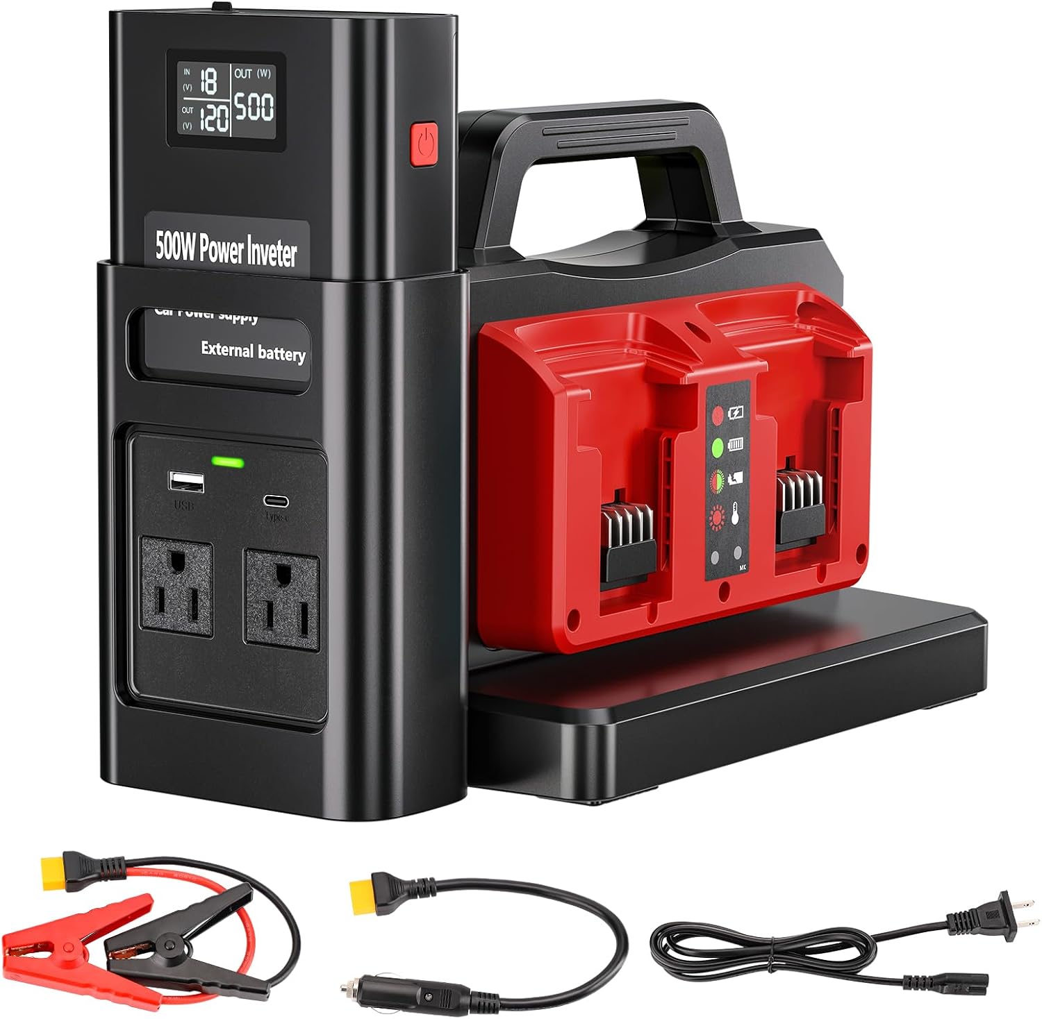 Adisipsoarin 500W Pure Sine Wave Power Inverter for Milwaukee M18 18V Battery, 4-Ports DC 18V to AC(2 Outlets) 120V Car Charger Plug Inverter Adapter Converter for Camping, Emergencies(Tool Only)