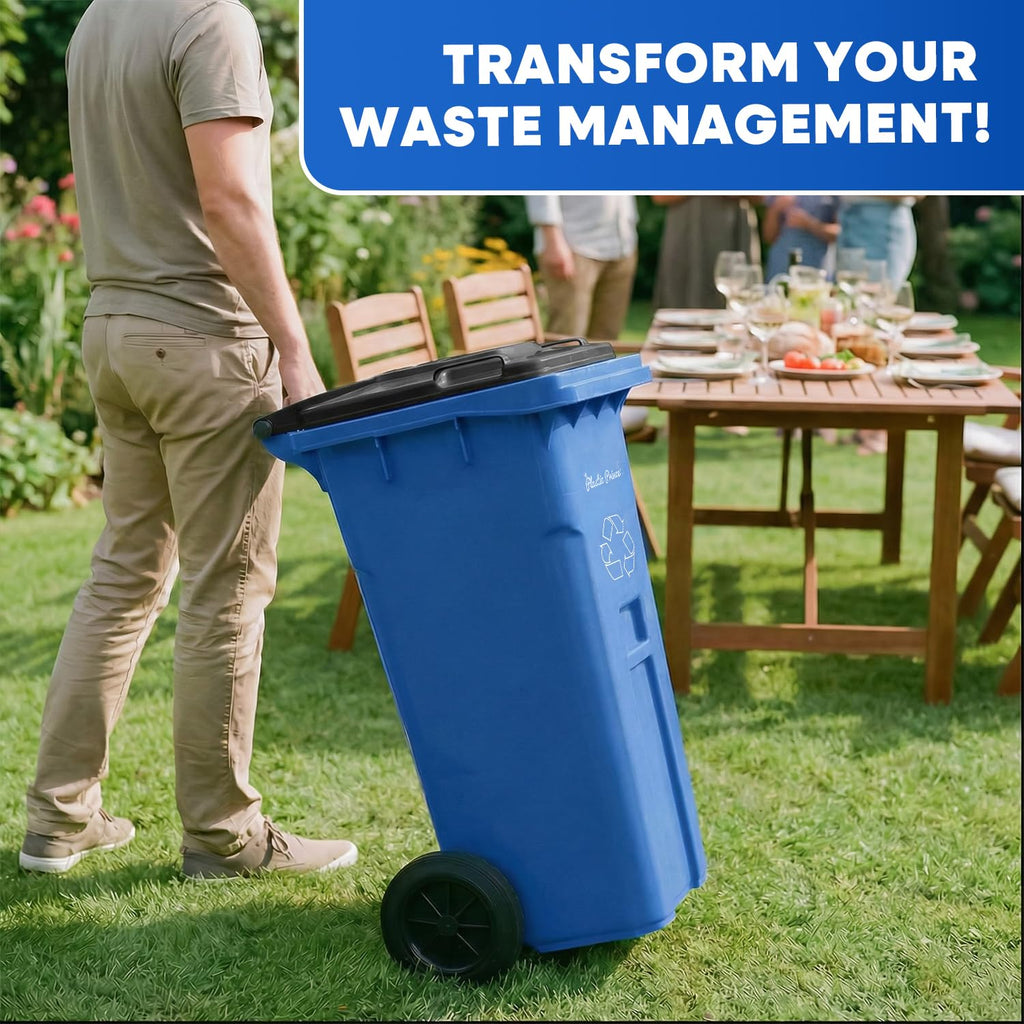 PLASTIC PRINCE 32 Gallon Trash Can Outdoor Recycling Bin with Lid and Wheels Heavy Duty Rolling Garbage Can with Lid Blue Recycle Bin with Wheels for Warehouses Hospitals Restaurants, Pack of 2