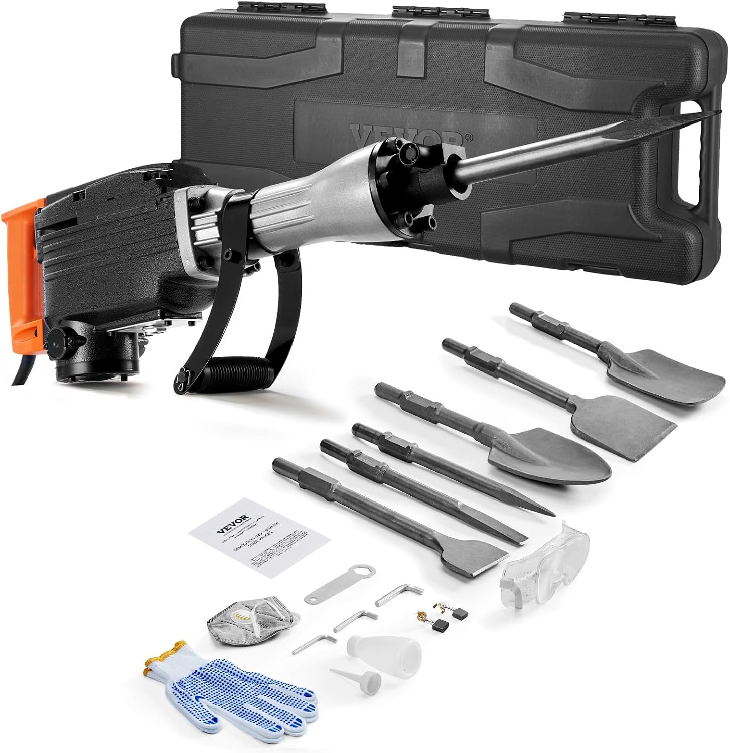 VEVOR Demolition Jack Hammer, 1350 BPM Concrete Breaker 6pcs Chisels Bit Chipping with Case, 2200W Electric Jackhammer Heavy Duty, Black