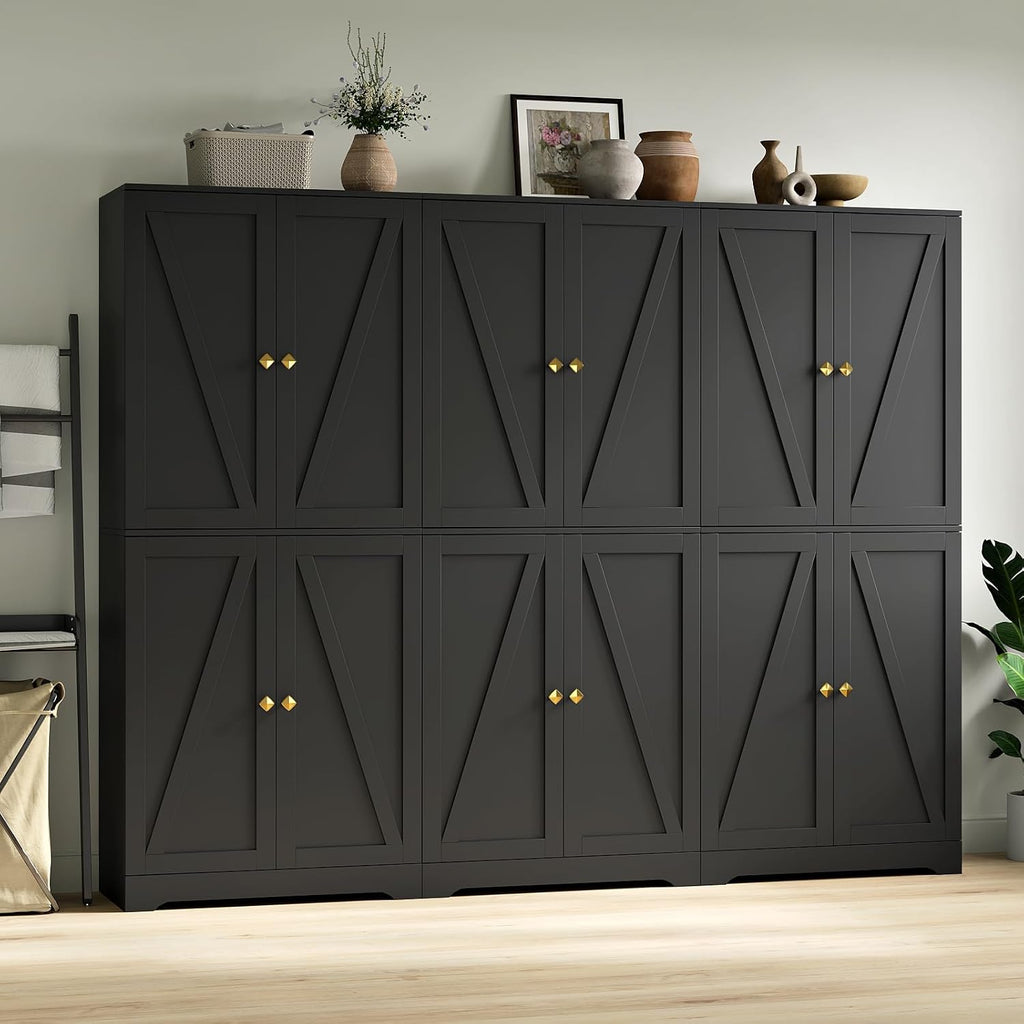 Kitchen Pantry Cabinet Set of 3, 72' Tall Farmhouse Storage Cabinet with 4 Barn Doors and Adjustable Shelves, Pantry Cabinet Versatile Storage for Kitchen, Living Room, Black