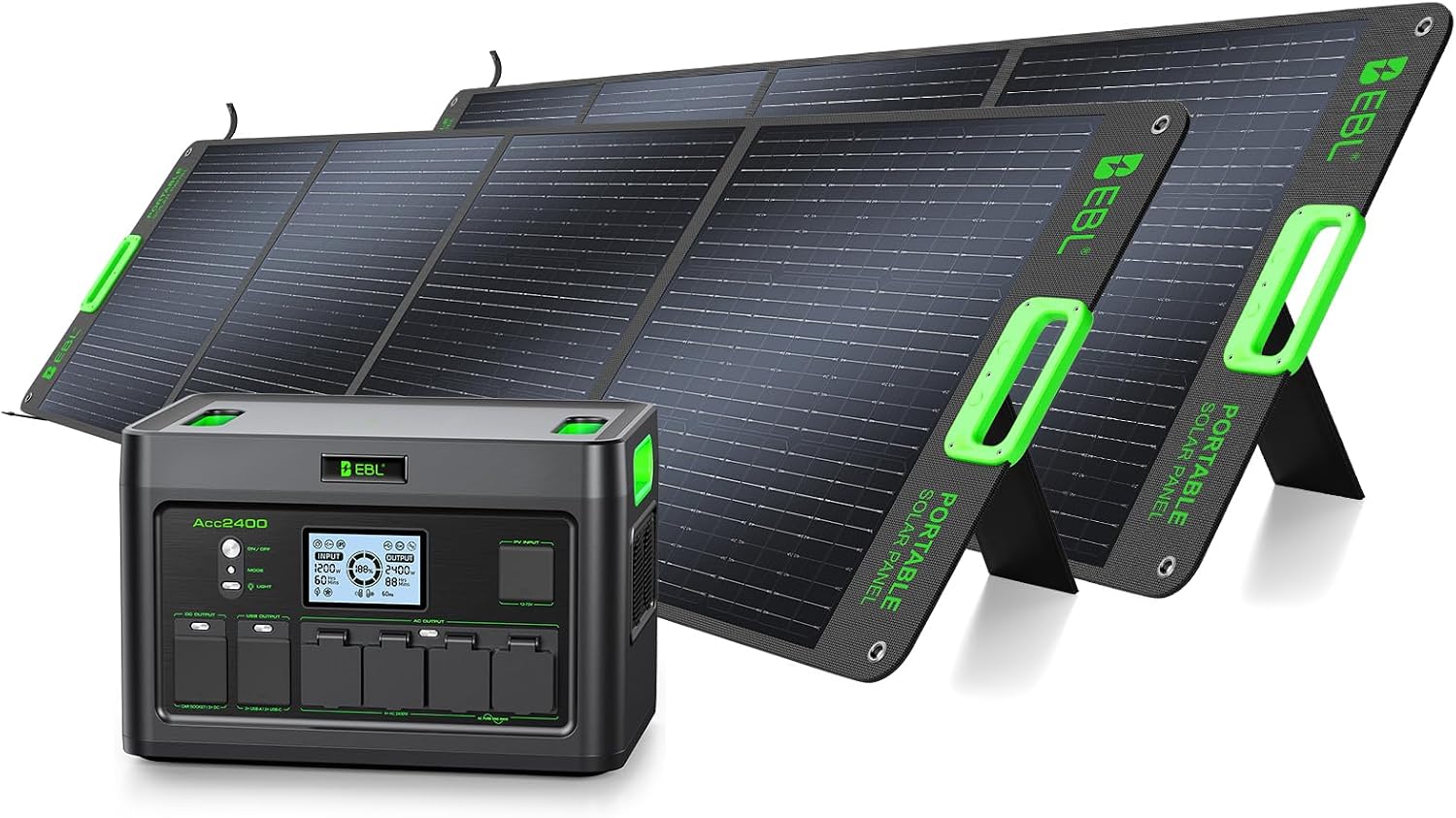 EBL 2400W Portable Power Station with 2x200W Solar Panels (Ship Separately), 1843.2Wh Home Backup Battery,LiFePO4,Solar Generator,Pure Sine Wave, For Outdoor Camping RV Travel, Off-grid Home Emergency