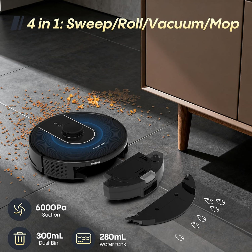 Bagotte Robot Vacuum and Mop Combo, 6000Pa Robotic Vacuums with Mapping, Automatic Self-Recharging, LiDAR Navigation,2.4G WiFi/App/Alexa/Remote Control for Pet Hair,Hard Floor,Carpet